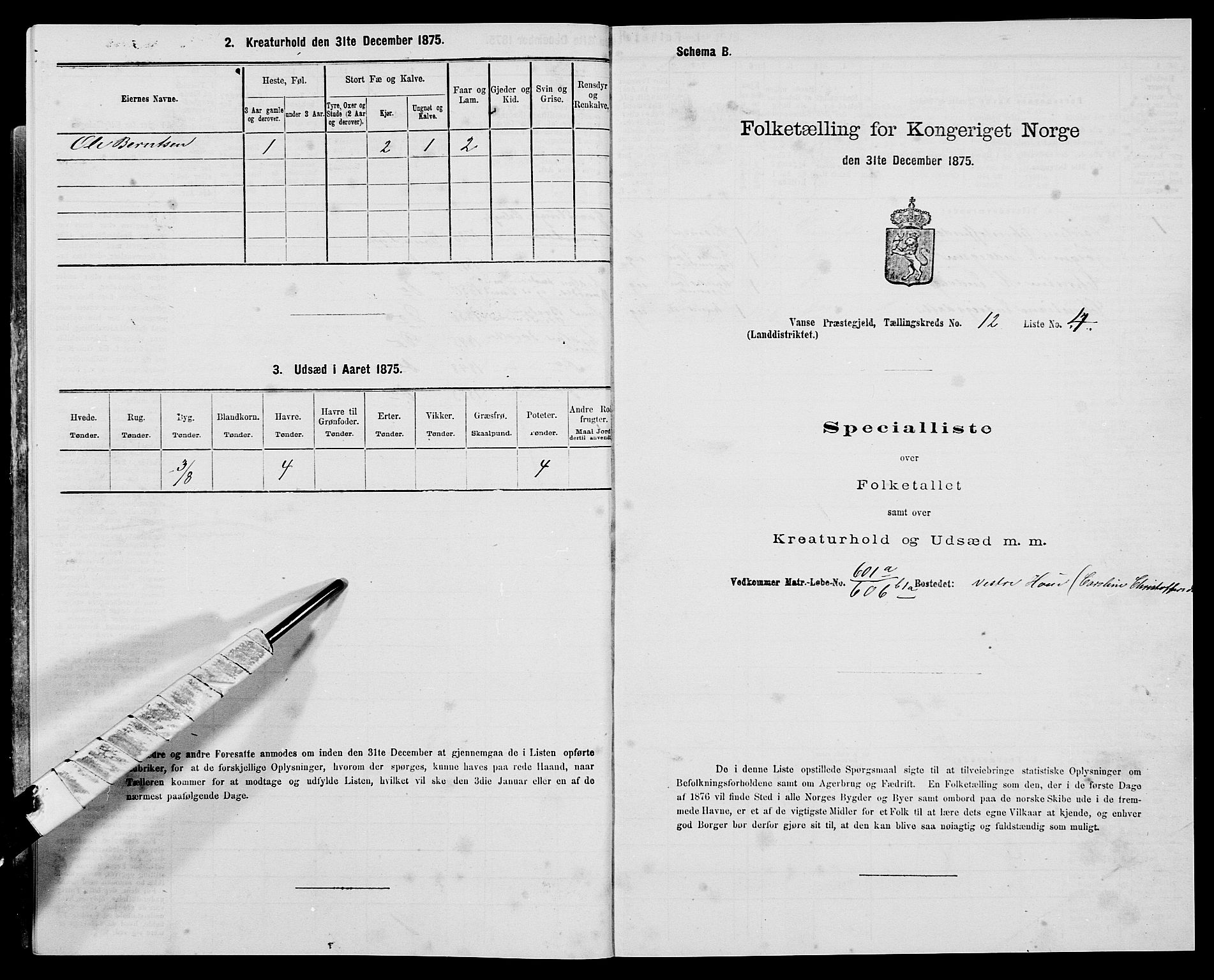 SAK, 1875 census for 1041L Vanse/Vanse og Farsund, 1875, p. 2156