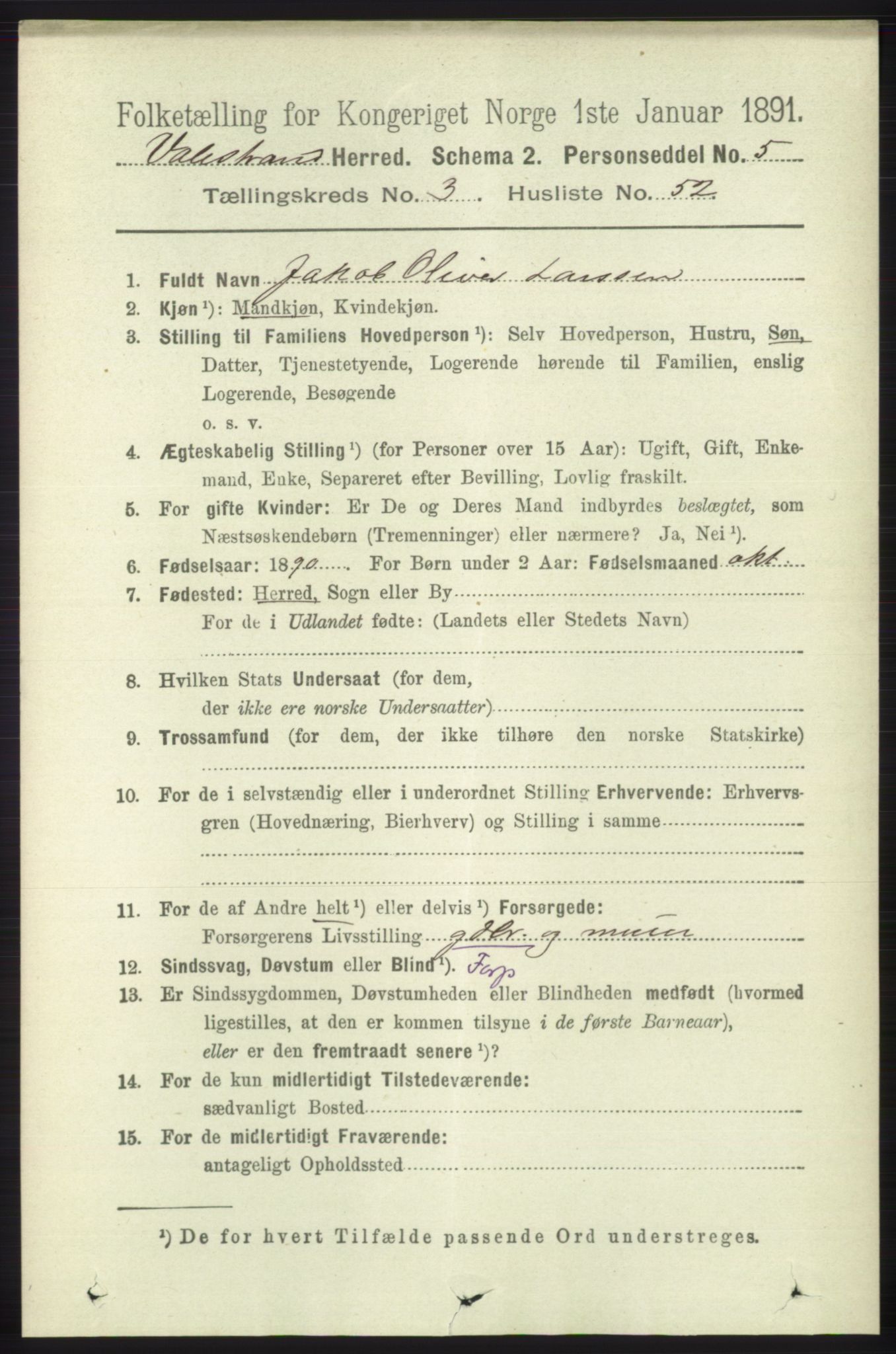 RA, 1891 census for 1217 Valestrand, 1891, p. 826