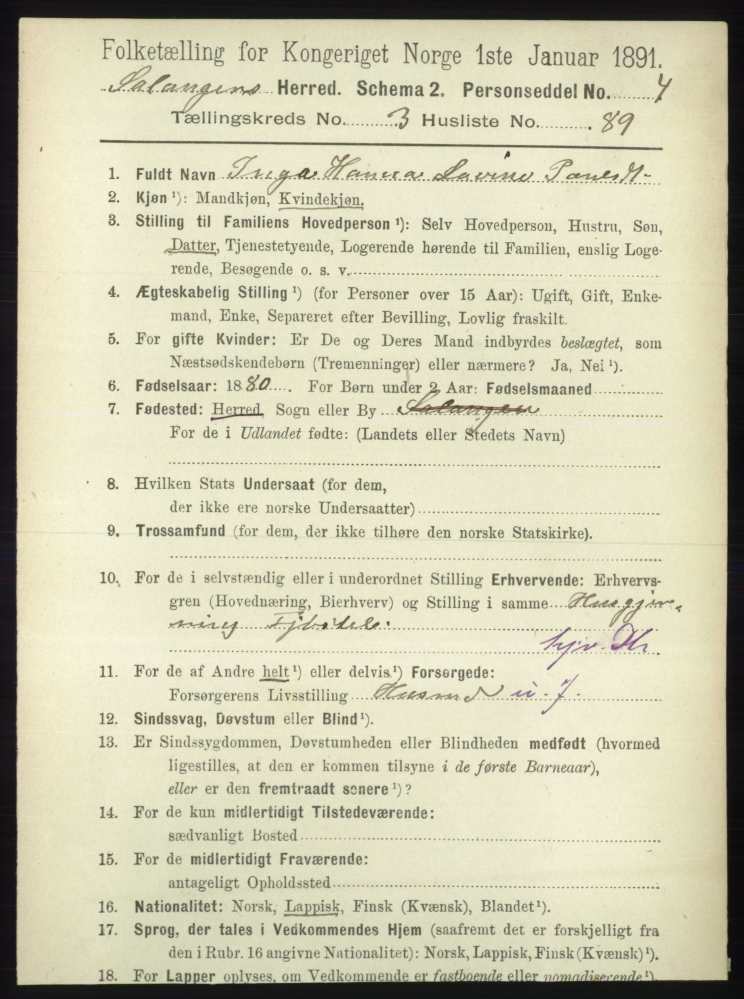 RA, 1891 census for 1921 Salangen, 1891, p. 1734