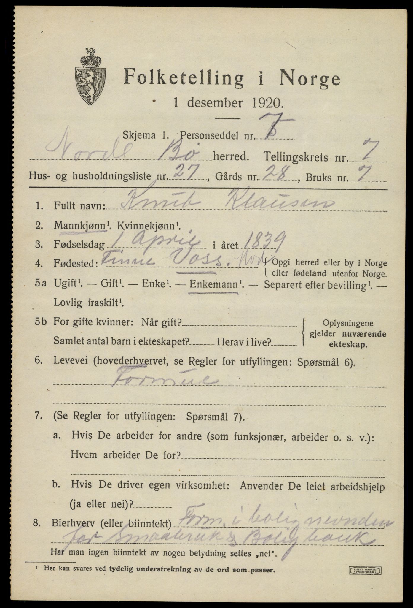 SAT, 1920 census for Bø, 1920, p. 6406