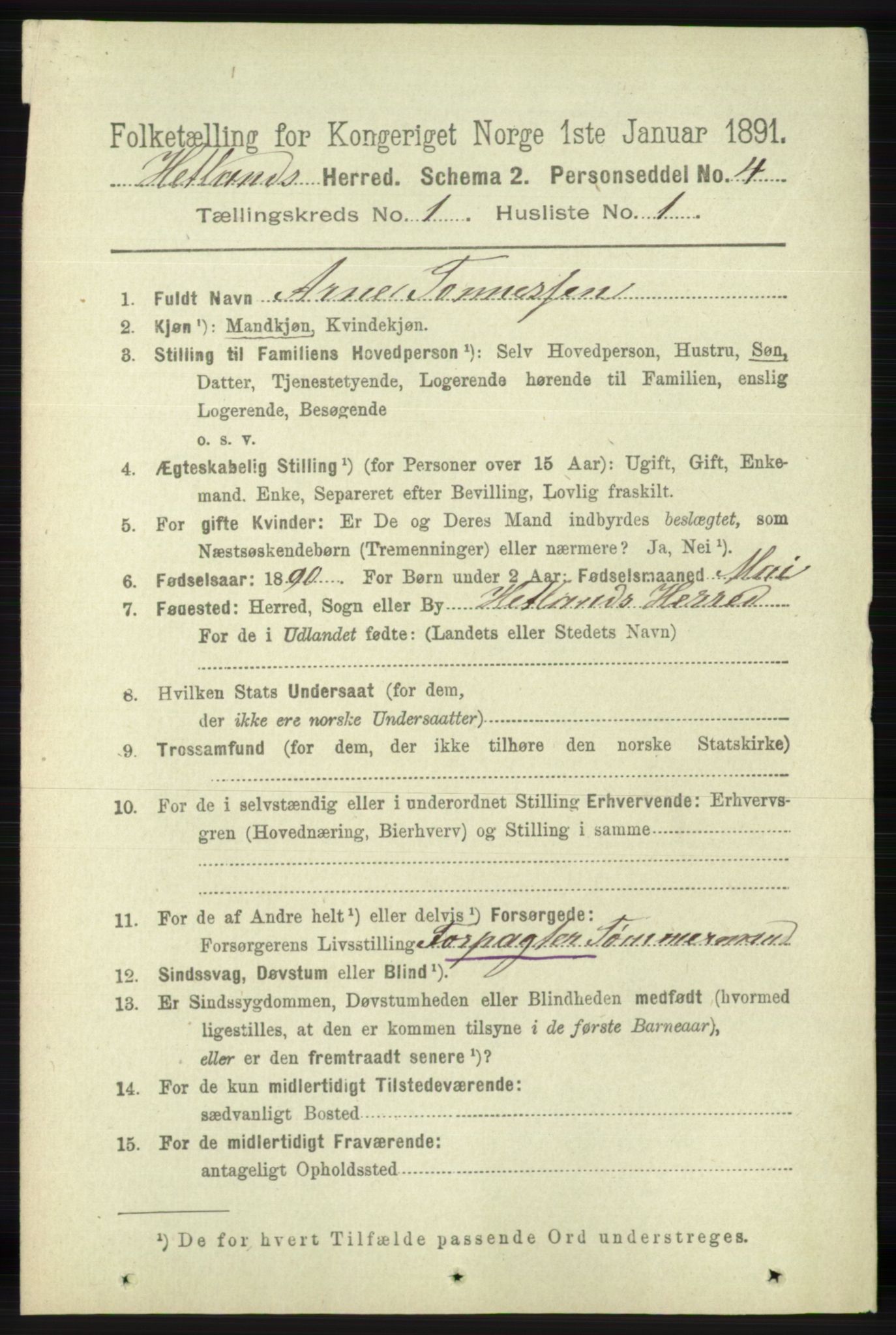 RA, 1891 census for 1126 Hetland, 1891, p. 77