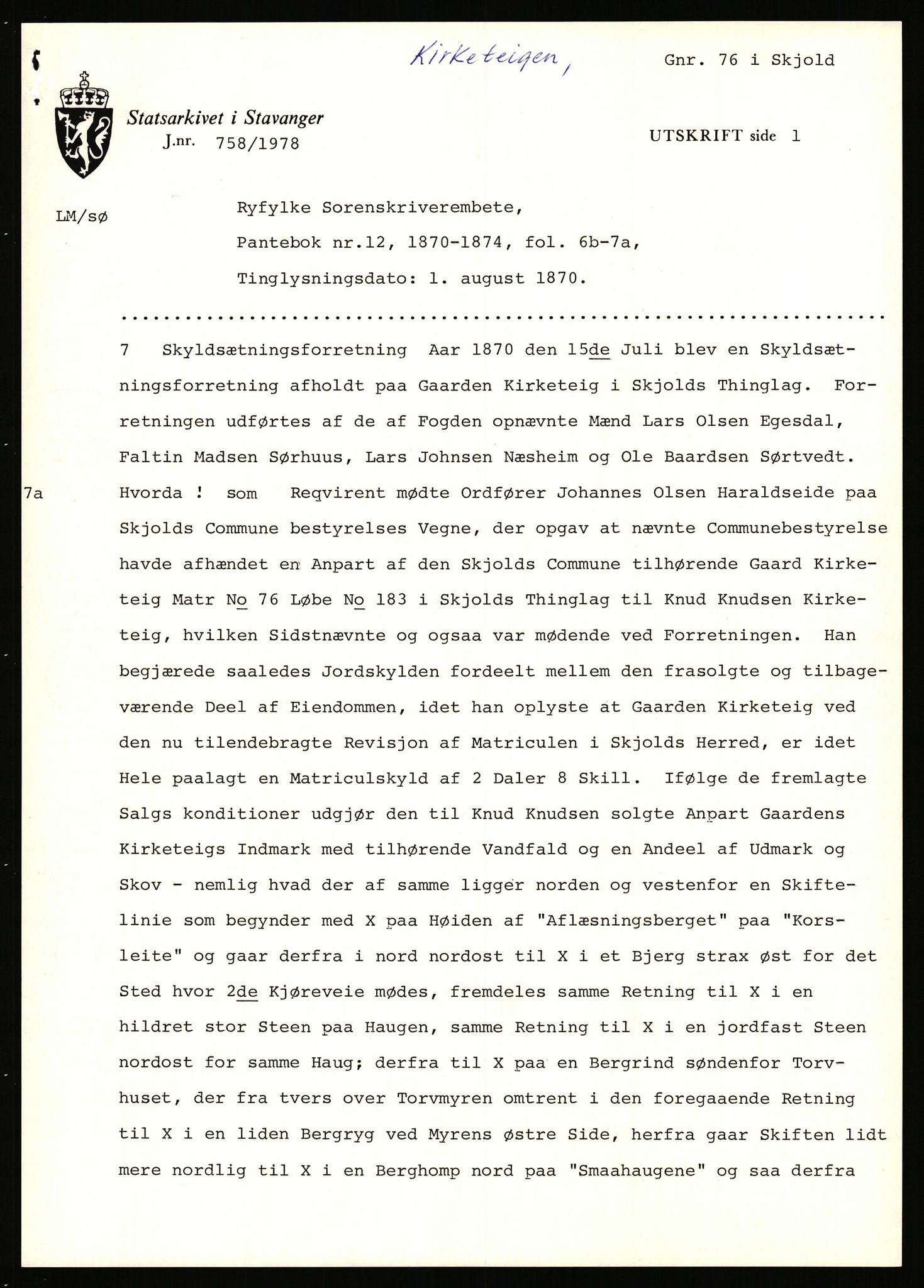Statsarkivet i Stavanger, AV/SAST-A-101971/03/Y/Yj/L0047: Avskrifter sortert etter gårdsnavn: Kirketeigen - Klovning, 1750-1930, p. 16