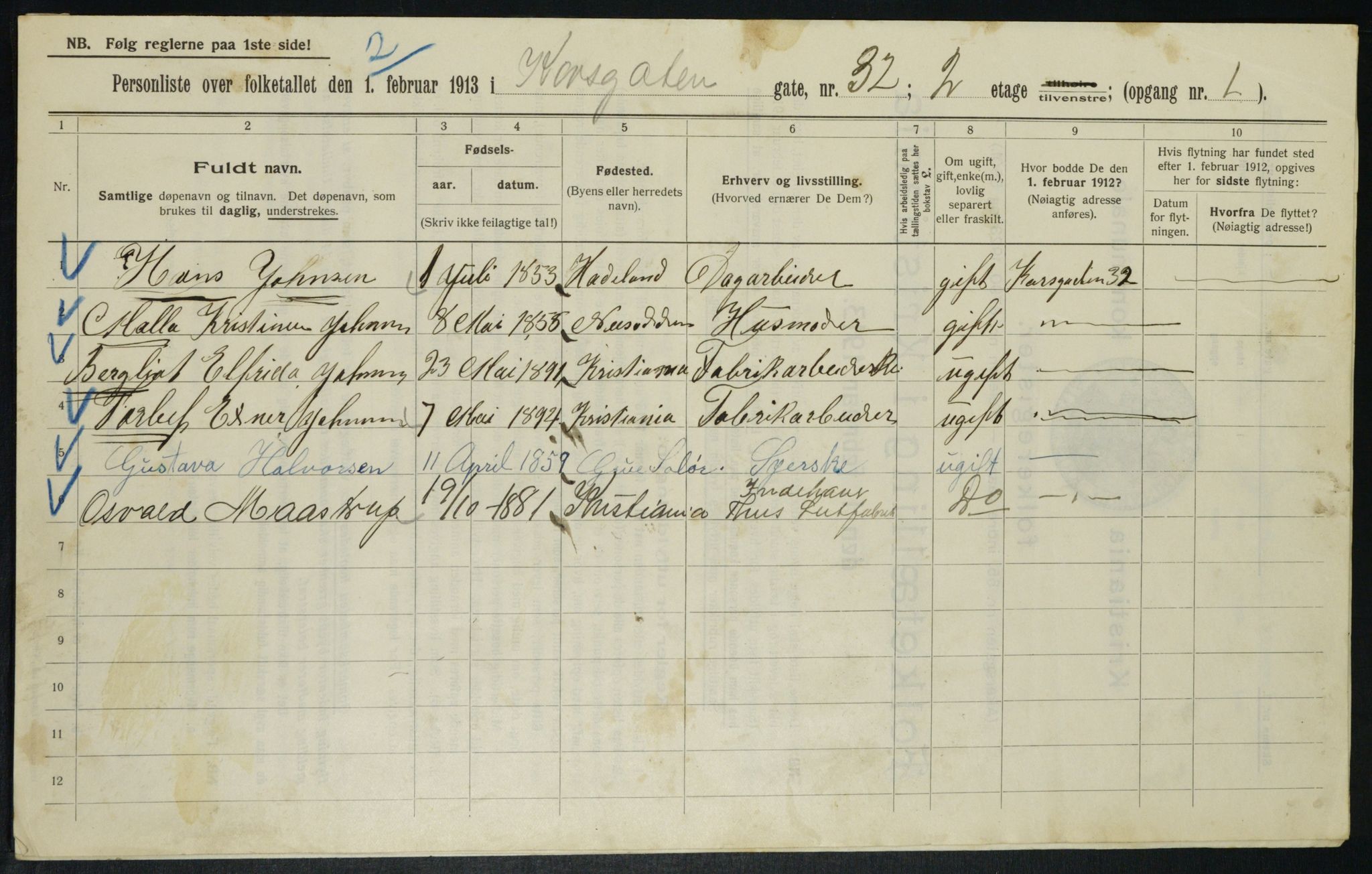 OBA, Municipal Census 1913 for Kristiania, 1913, p. 53608