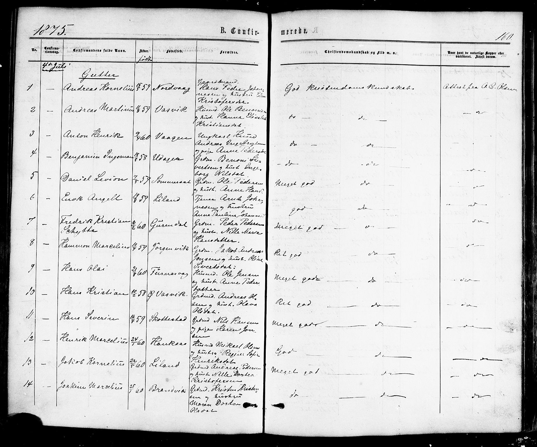 Ministerialprotokoller, klokkerbøker og fødselsregistre - Nordland, SAT/A-1459/859/L0845: Parish register (official) no. 859A05, 1863-1877, p. 160