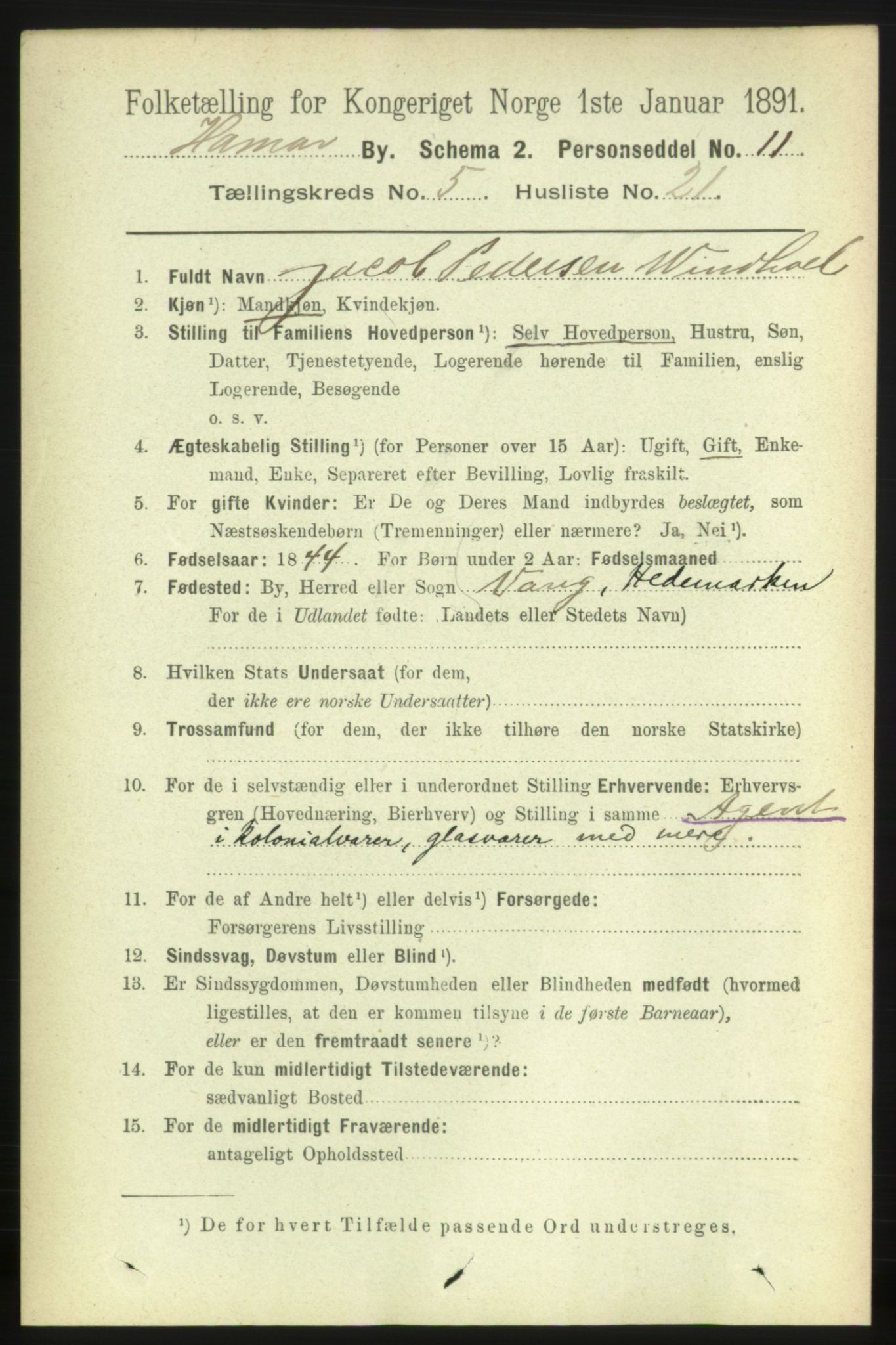RA, 1891 census for 0401 Hamar, 1891, p. 4049