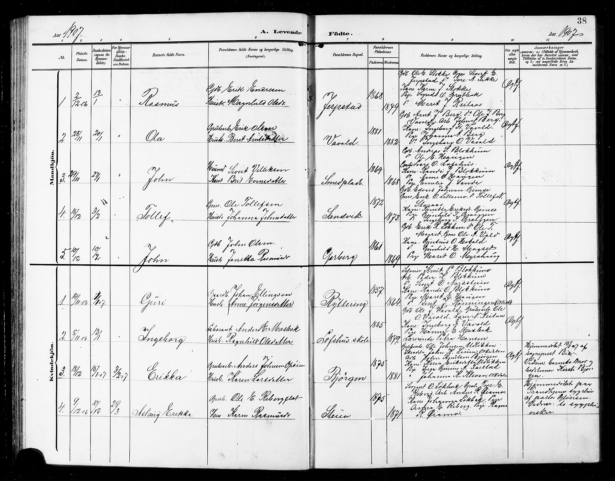 Ministerialprotokoller, klokkerbøker og fødselsregistre - Sør-Trøndelag, SAT/A-1456/672/L0864: Parish register (copy) no. 672C03, 1902-1914, p. 38