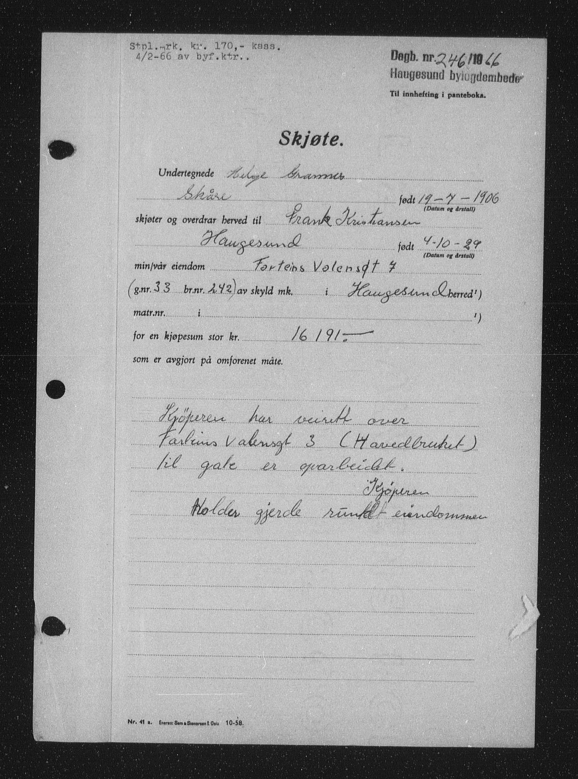 Haugesund tingrett, AV/SAST-A-101415/01/II/IIC/L0076: Mortgage book no. A 17, 1965-1966, Diary no: : 246/1966