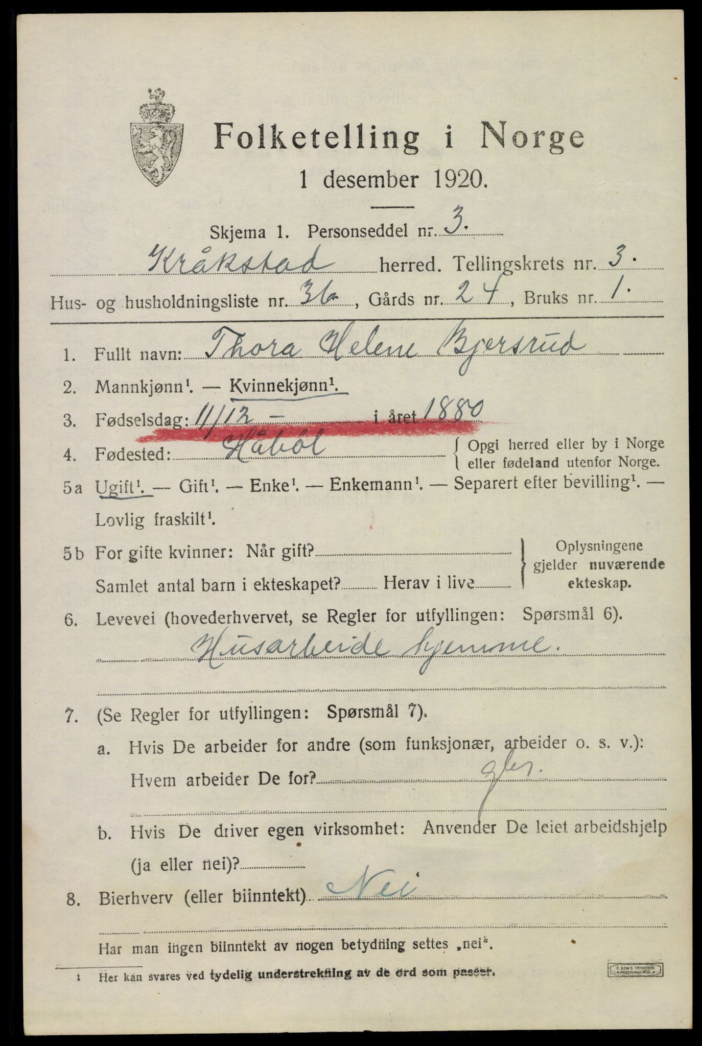 SAO, 1920 census for Kråkstad, 1920, p. 3753