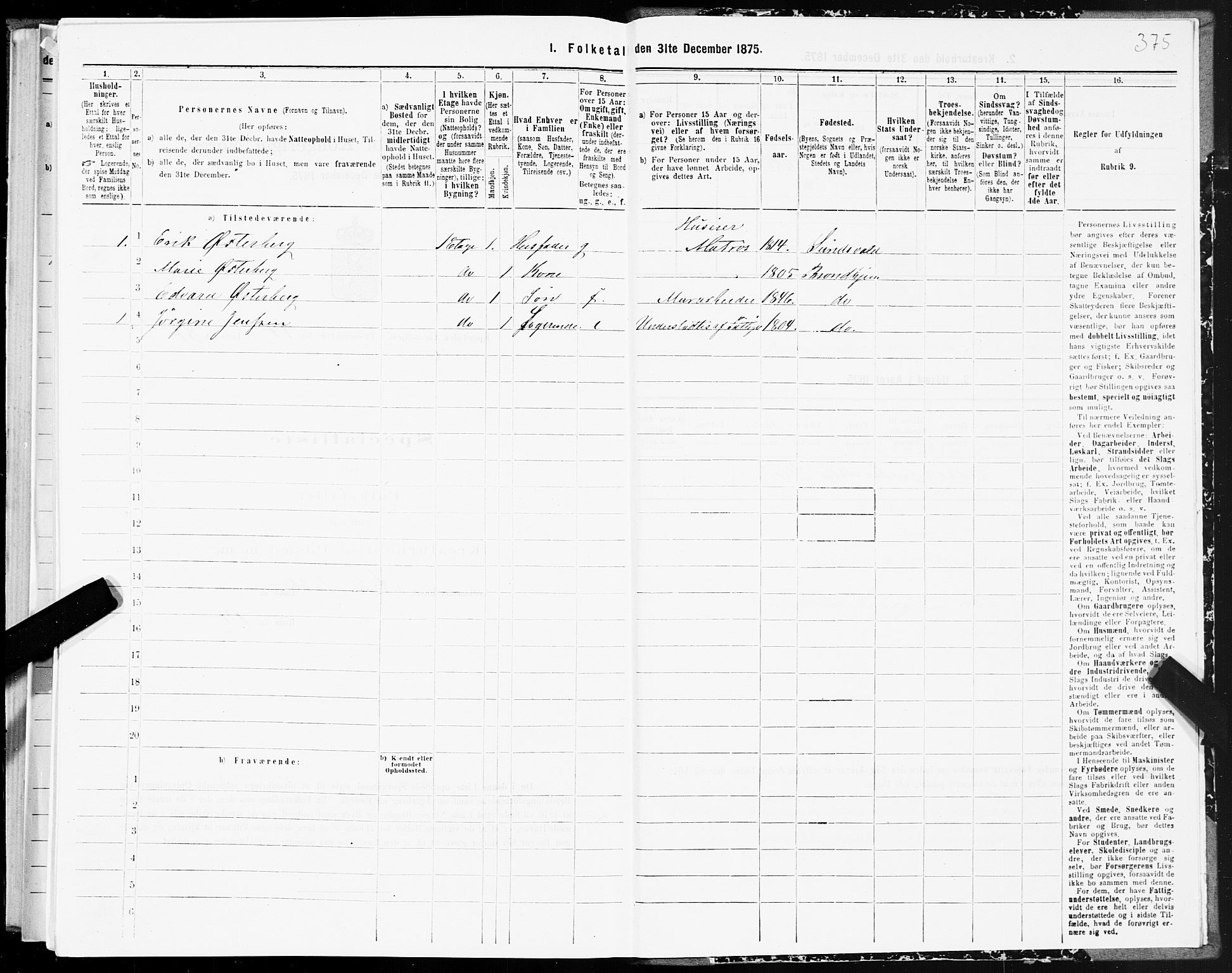 SAT, 1875 census for 1601 Trondheim, 1875, p. 7375