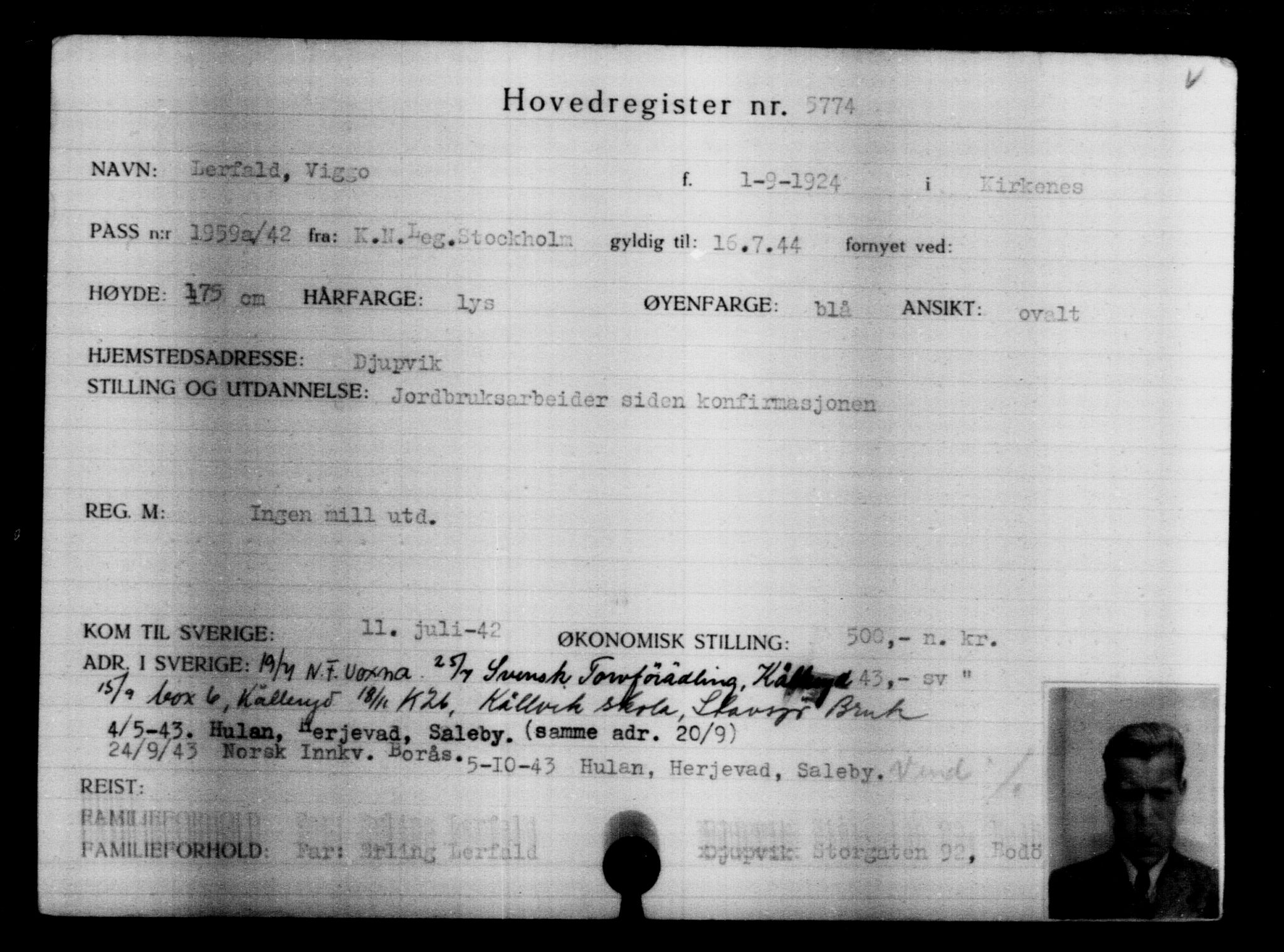 Utenriksstasjonene, Legasjonen i Stockholm, Flyktningkontoret, AV/RA-S-6753/V/Va/L0004: Kjesäterkartoteket, flyktninger med registreringsnr. 3496-6610, 1940-1945, p. 2643