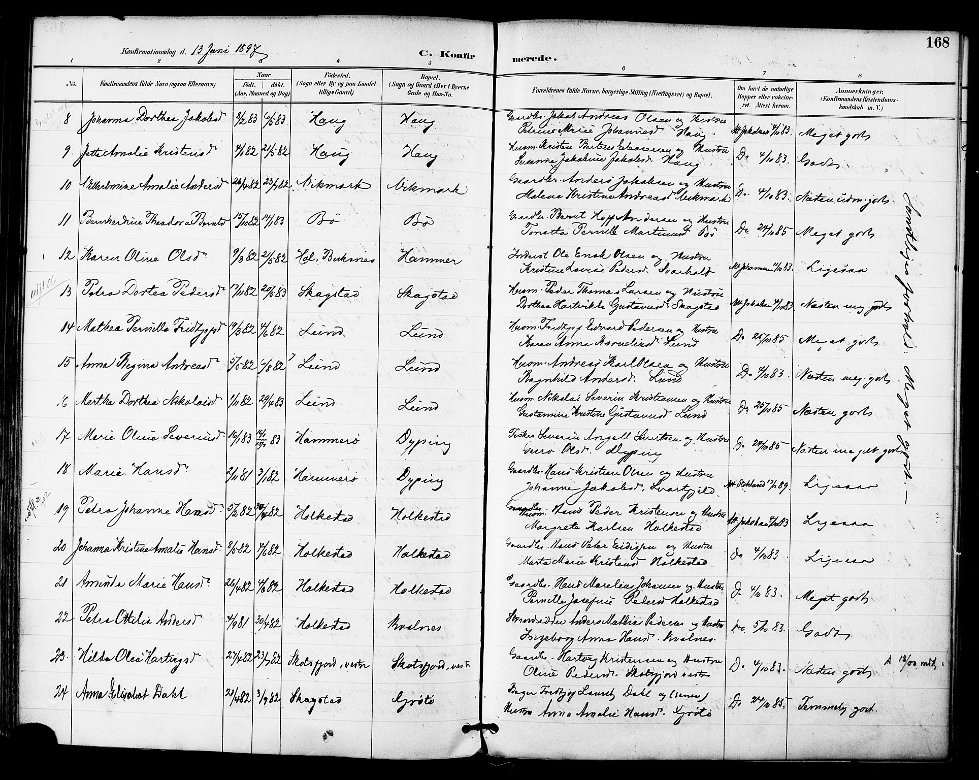 Ministerialprotokoller, klokkerbøker og fødselsregistre - Nordland, AV/SAT-A-1459/855/L0803: Parish register (official) no. 855A11, 1887-1905, p. 168