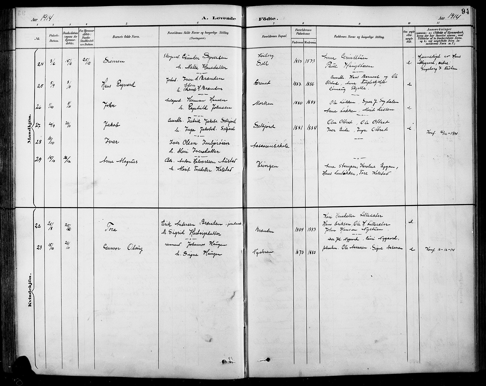 Sel prestekontor, SAH/PREST-074/H/Ha/Hab/L0001: Parish register (copy) no. 1, 1894-1923, p. 94
