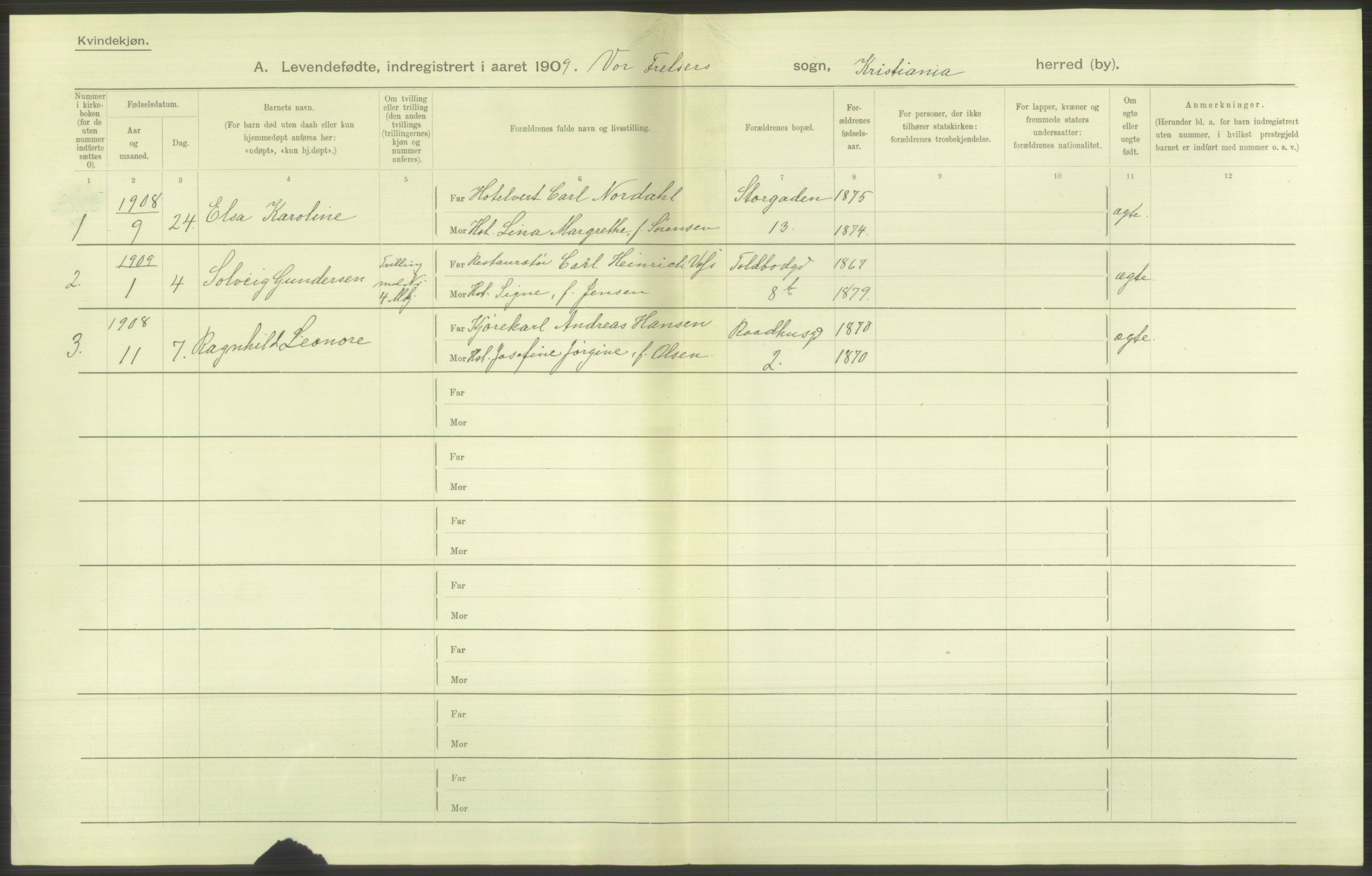 Statistisk sentralbyrå, Sosiodemografiske emner, Befolkning, RA/S-2228/D/Df/Dfa/Dfag/L0007: Kristiania: Levendefødte menn og kvinner., 1909, p. 796