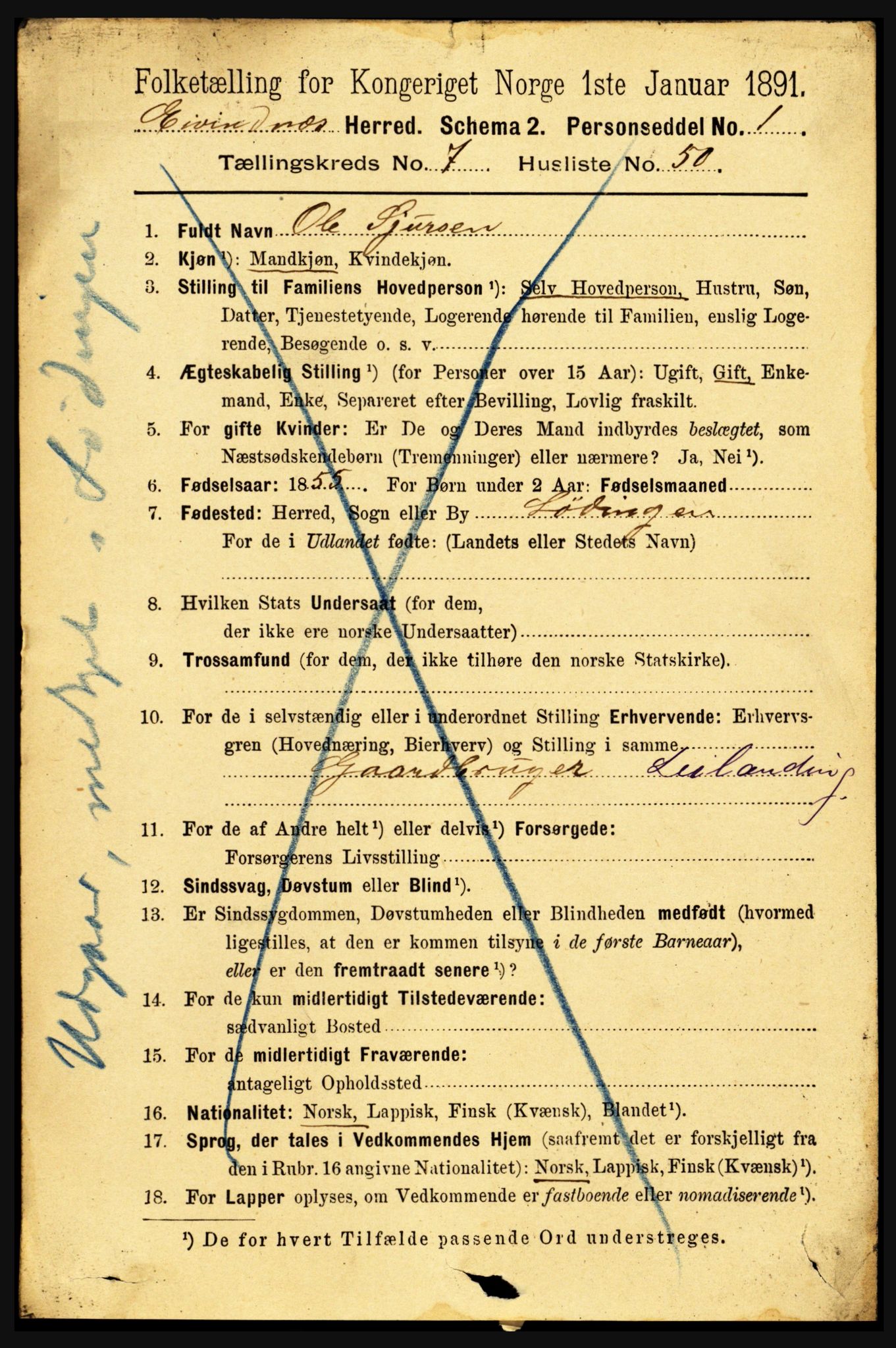 RA, 1891 census for 1853 Evenes, 1891, p. 2467