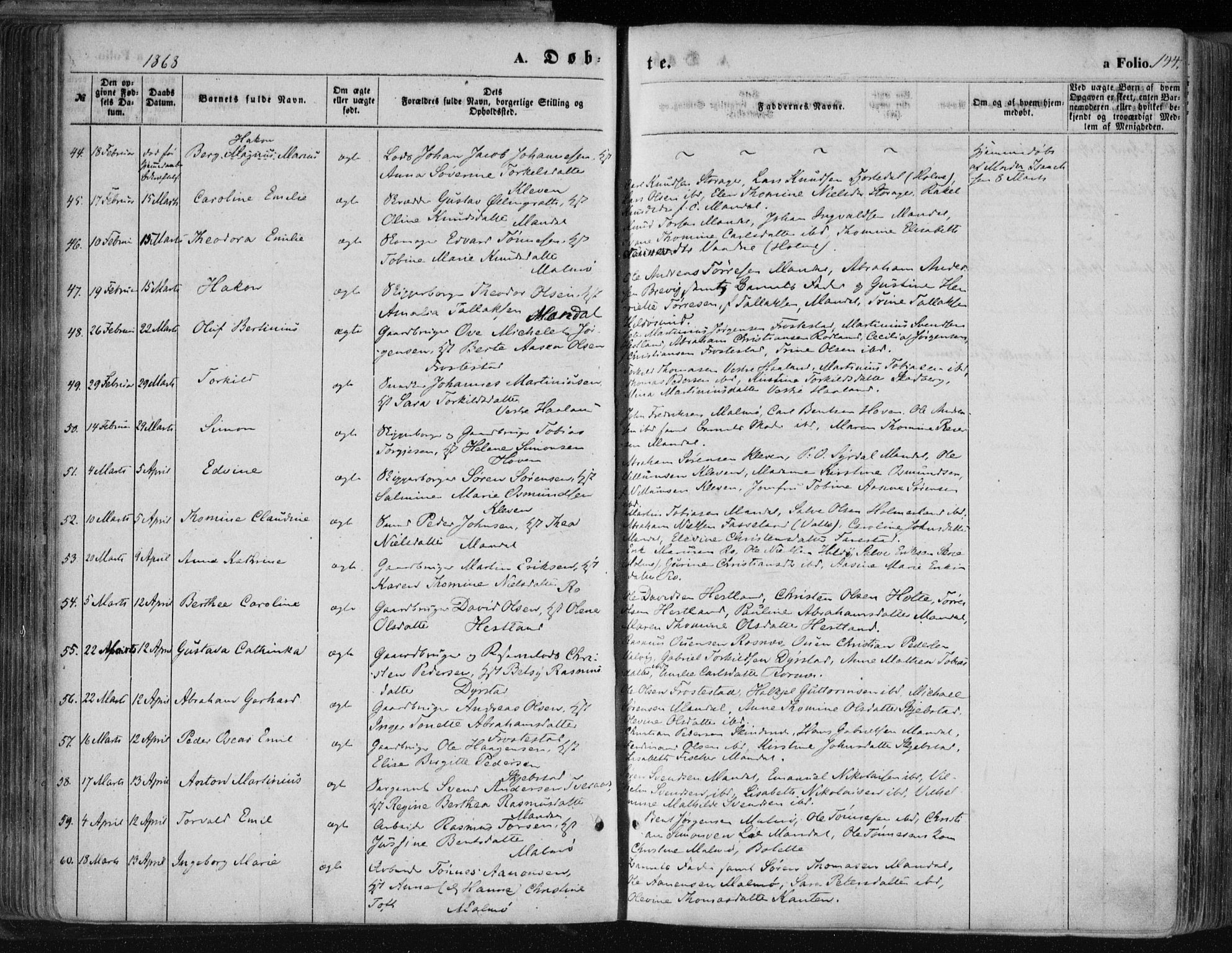 Mandal sokneprestkontor, AV/SAK-1111-0030/F/Fa/Faa/L0014: Parish register (official) no. A 14, 1859-1872, p. 144