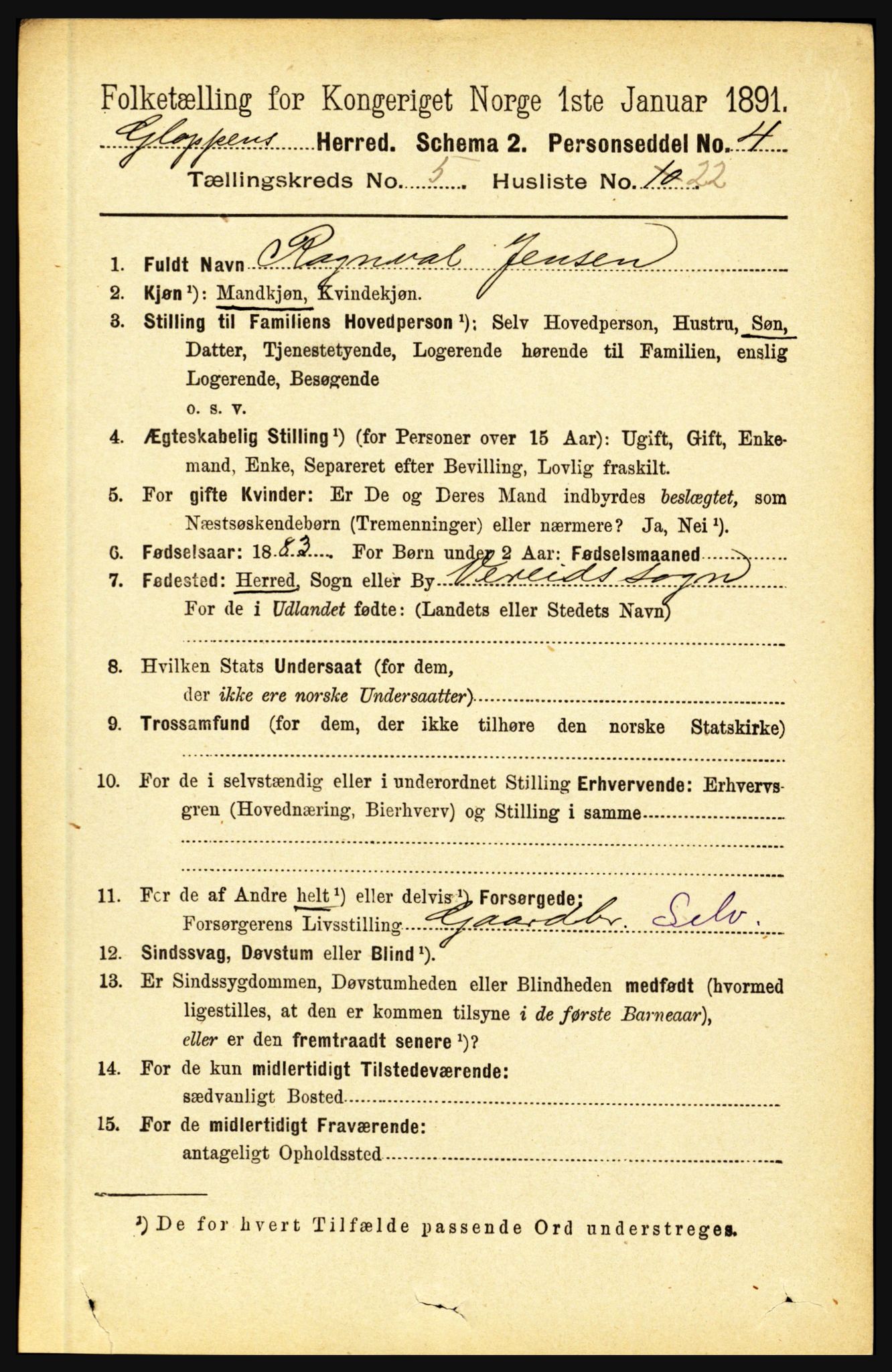 RA, 1891 census for 1445 Gloppen, 1891, p. 2198