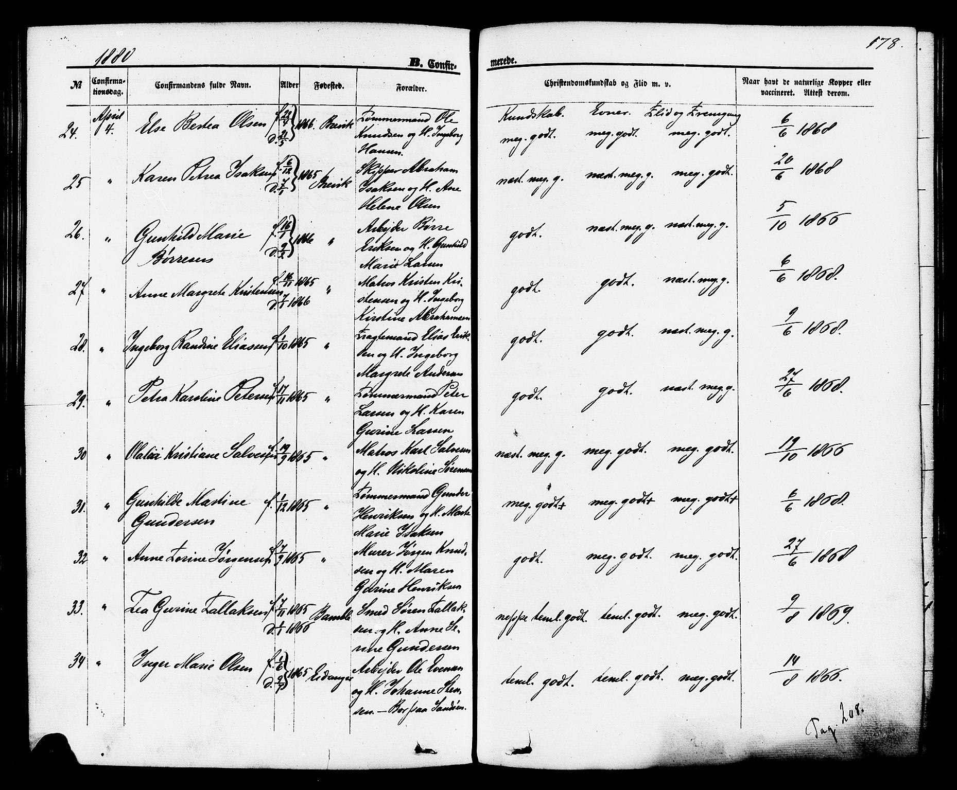 Brevik kirkebøker, SAKO/A-255/F/Fa/L0006: Parish register (official) no. 6, 1866-1881, p. 178