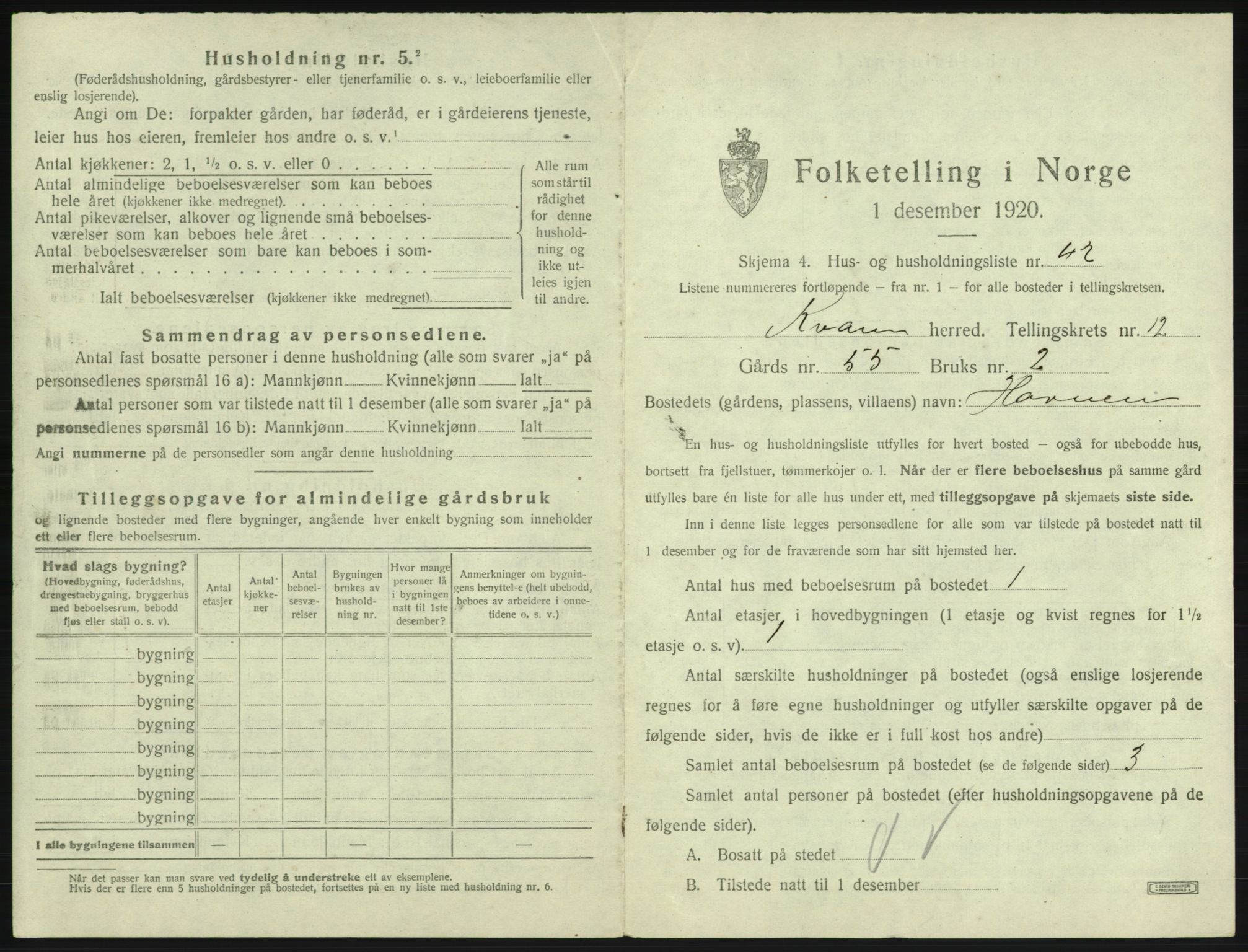 SAB, 1920 census for Kvam, 1920, p. 1117