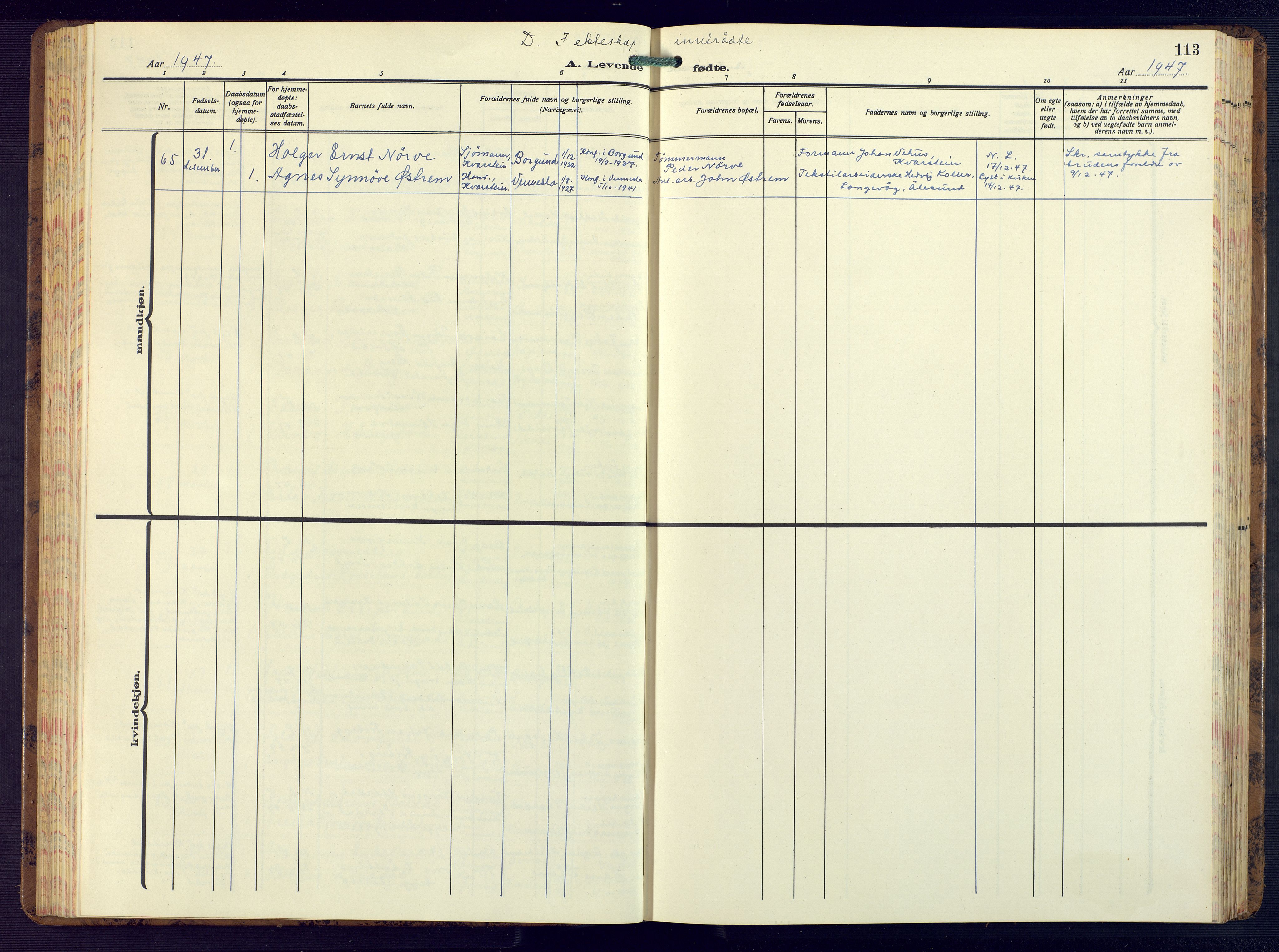 Vennesla sokneprestkontor, AV/SAK-1111-0045/Fb/Fbb/L0008: Parish register (copy) no. B 8, 1934-1947, p. 113