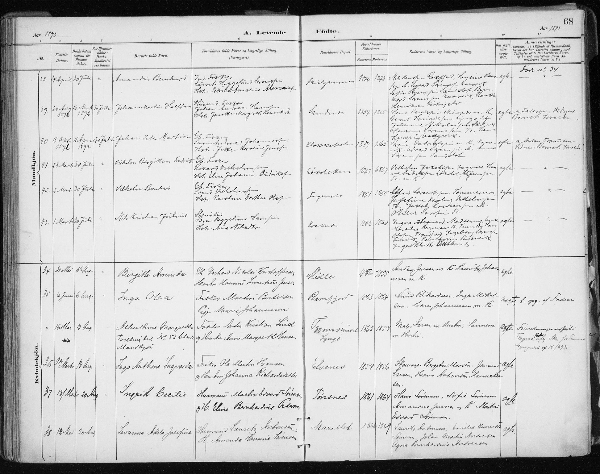 Tromsøysund sokneprestkontor, AV/SATØ-S-1304/G/Ga/L0005kirke: Parish register (official) no. 5, 1888-1896, p. 68