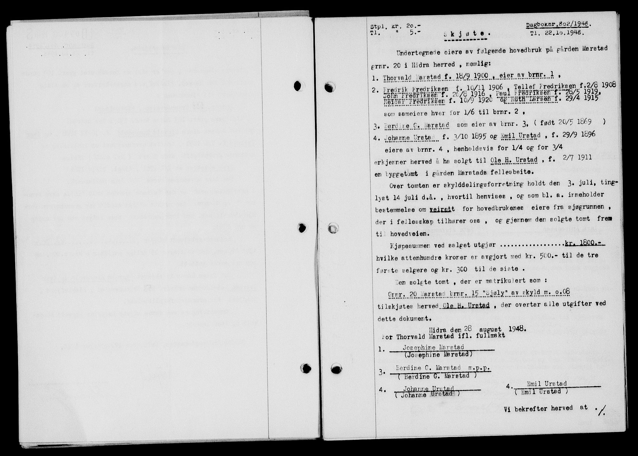 Flekkefjord sorenskriveri, SAK/1221-0001/G/Gb/Gba/L0064: Mortgage book no. A-12, 1948-1949, Diary no: : 802/1948