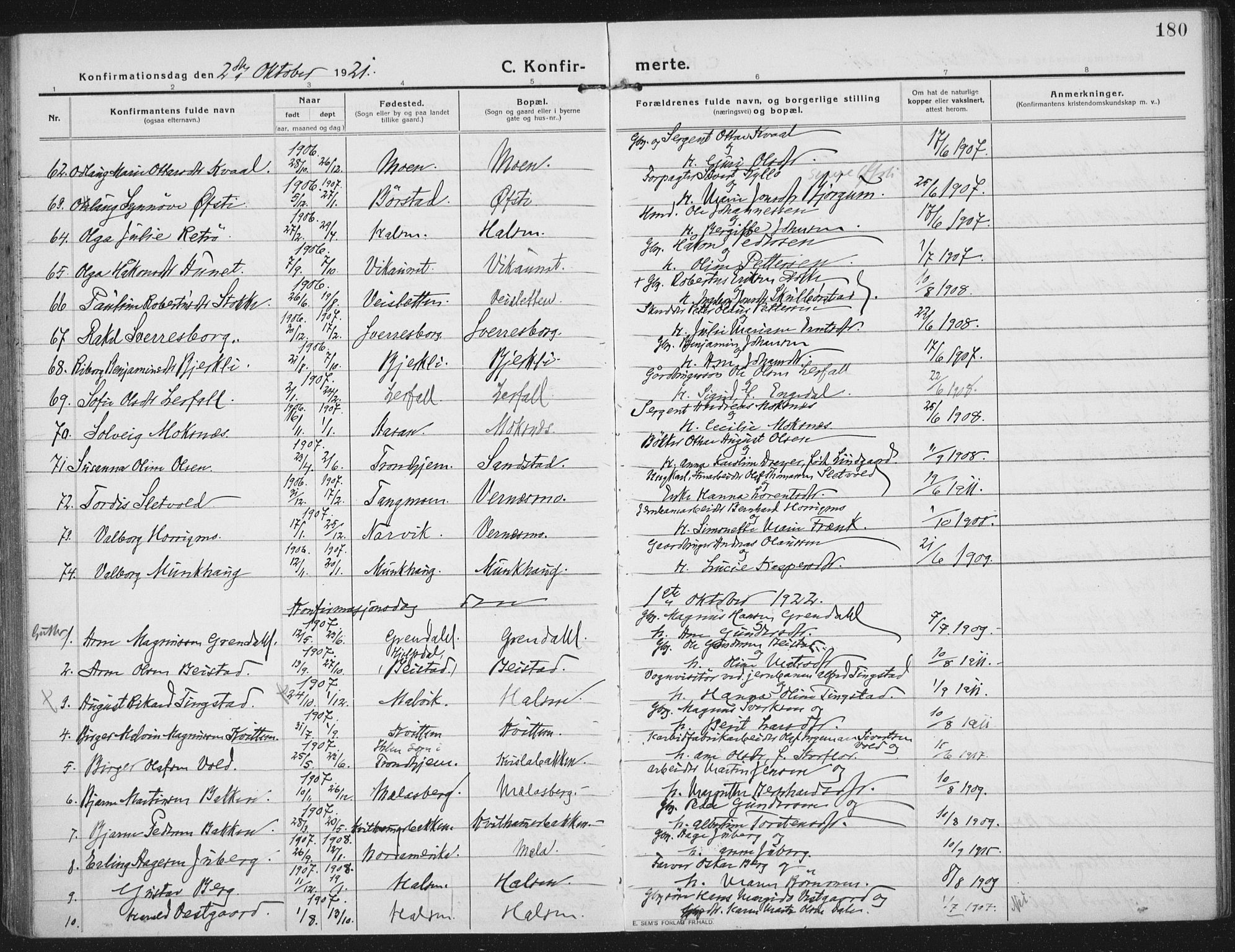 Ministerialprotokoller, klokkerbøker og fødselsregistre - Nord-Trøndelag, SAT/A-1458/709/L0083: Parish register (official) no. 709A23, 1916-1928, p. 180