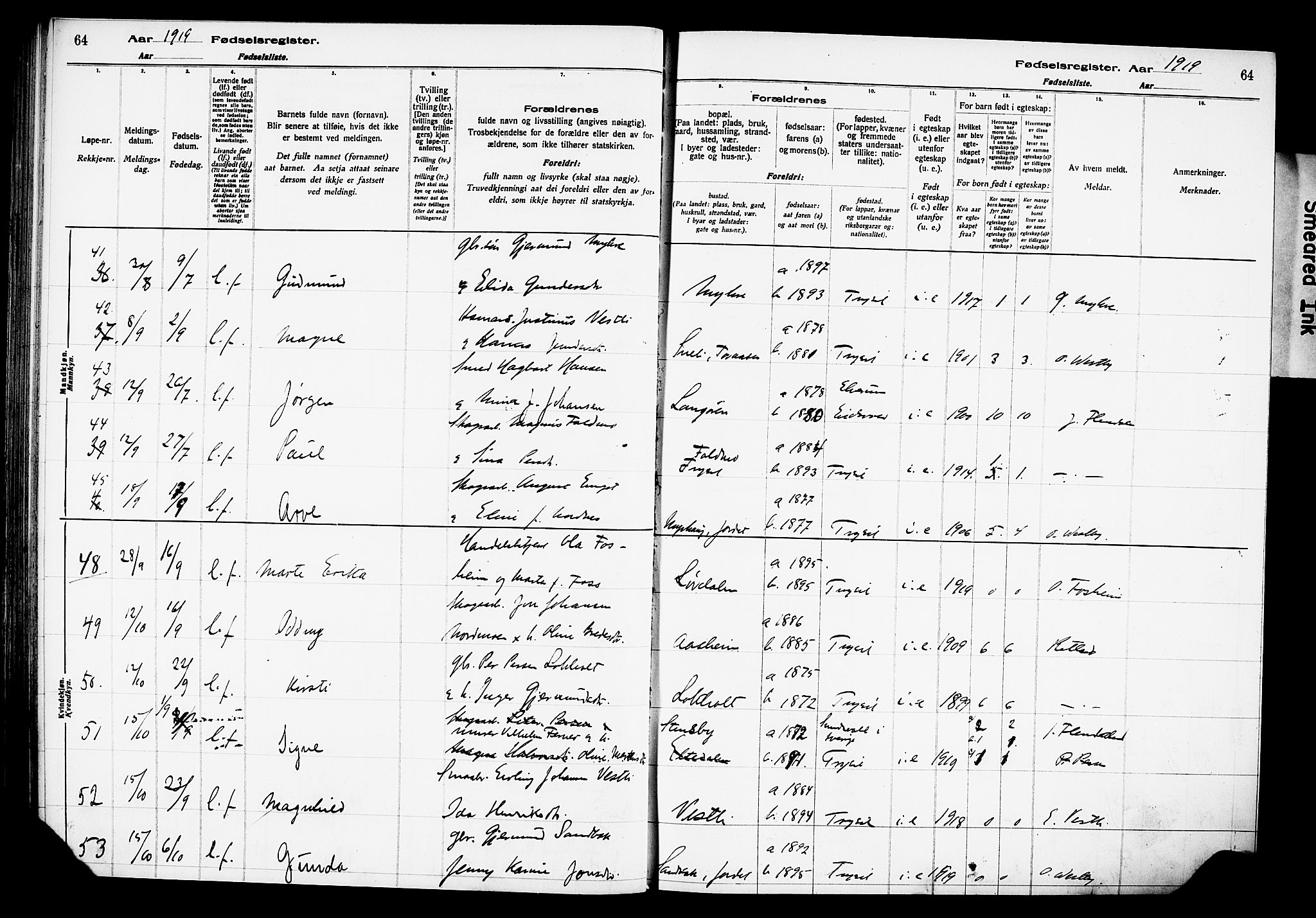 Trysil prestekontor, AV/SAH-PREST-046/I/Id/Ida/L0001: Birth register no. I 1, 1916-1927, p. 64