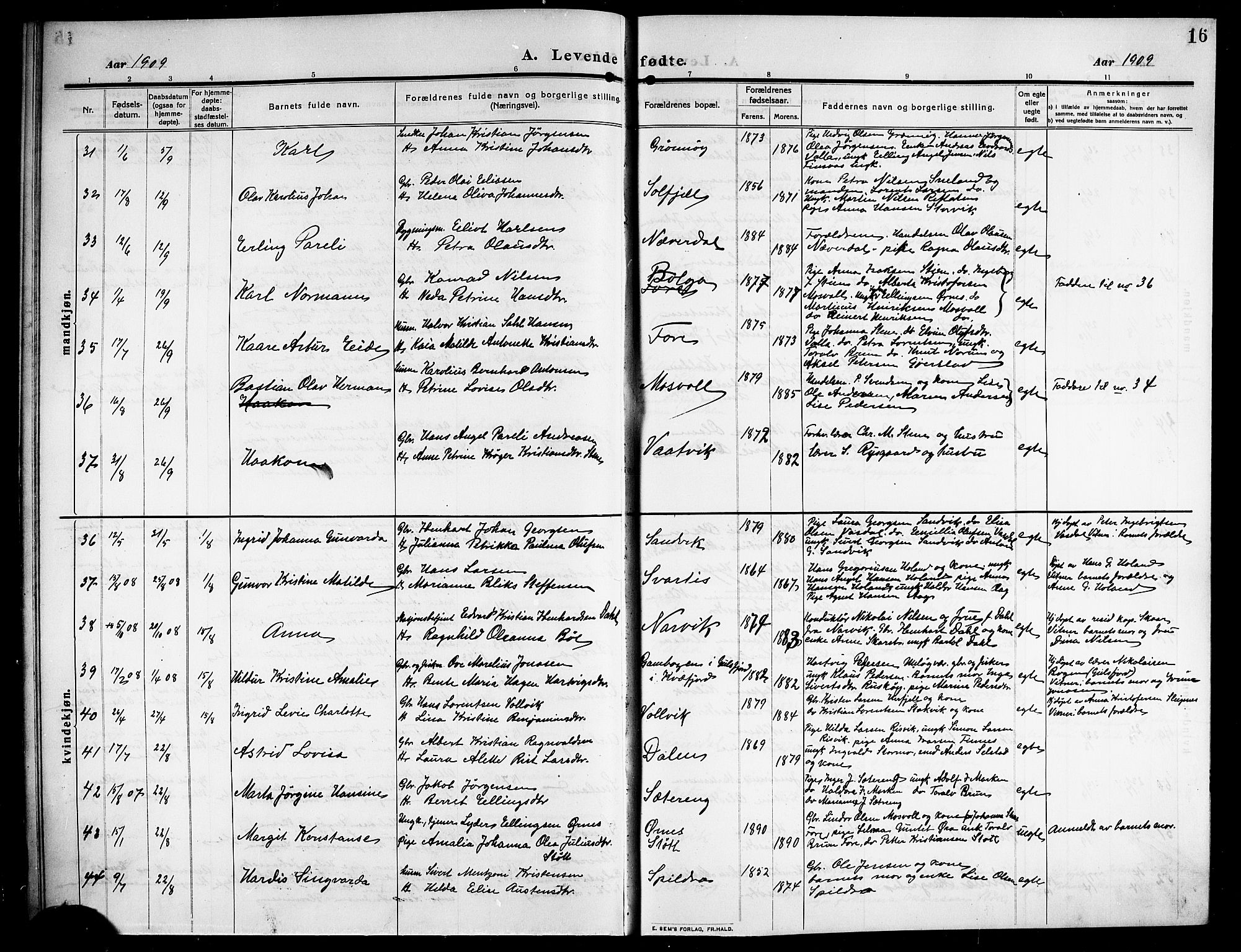 Ministerialprotokoller, klokkerbøker og fødselsregistre - Nordland, AV/SAT-A-1459/843/L0639: Parish register (copy) no. 843C08, 1908-1924, p. 16