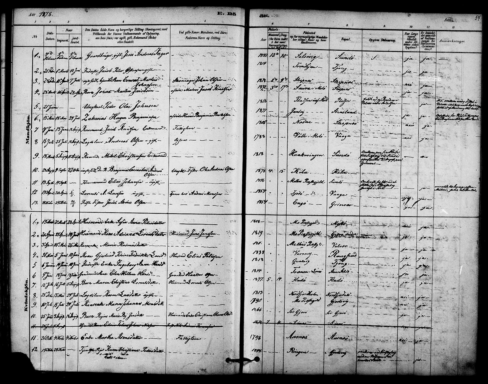 Ministerialprotokoller, klokkerbøker og fødselsregistre - Nordland, SAT/A-1459/841/L0609: Parish register (official) no. 841A13, 1878-1902, p. 54