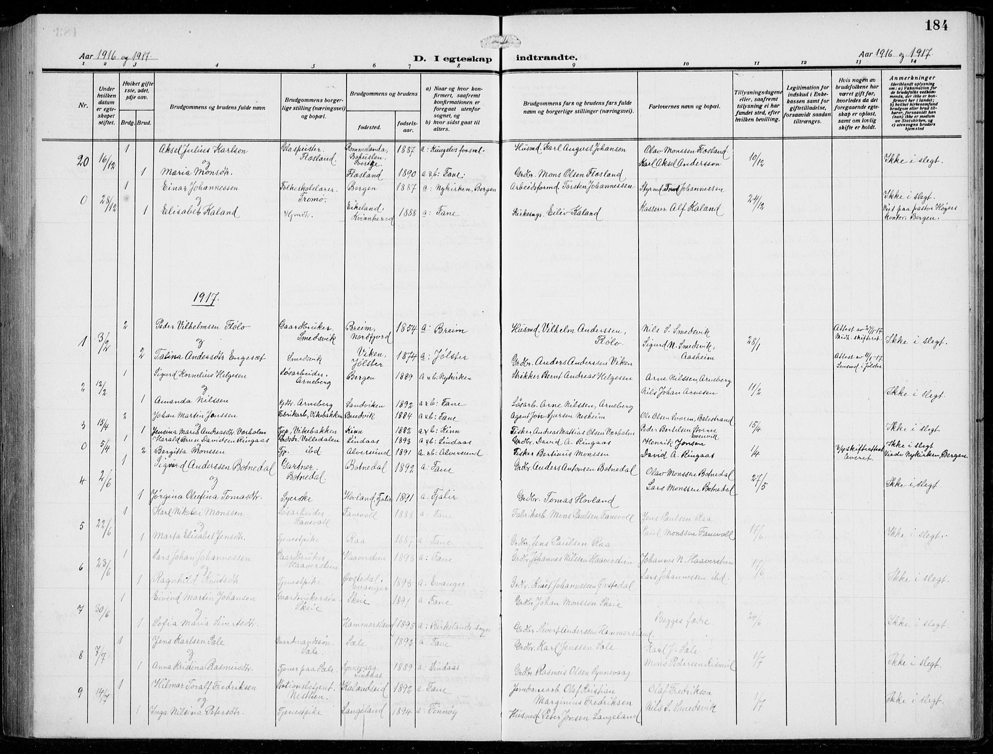 Fana Sokneprestembete, SAB/A-75101/H/Hab/Haba/L0005: Parish register (copy) no. A 5, 1911-1932, p. 184