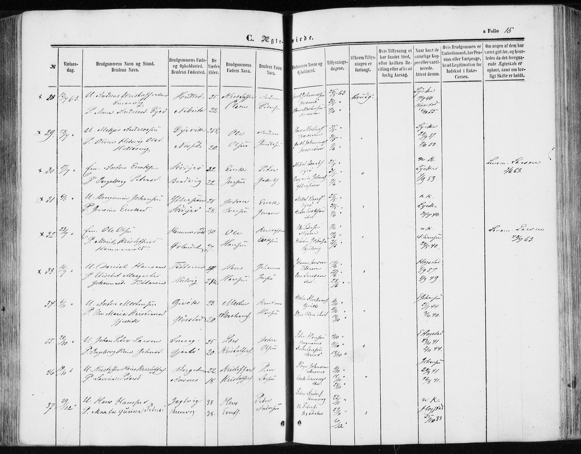 Ministerialprotokoller, klokkerbøker og fødselsregistre - Sør-Trøndelag, SAT/A-1456/634/L0531: Parish register (official) no. 634A07, 1861-1870, p. 15