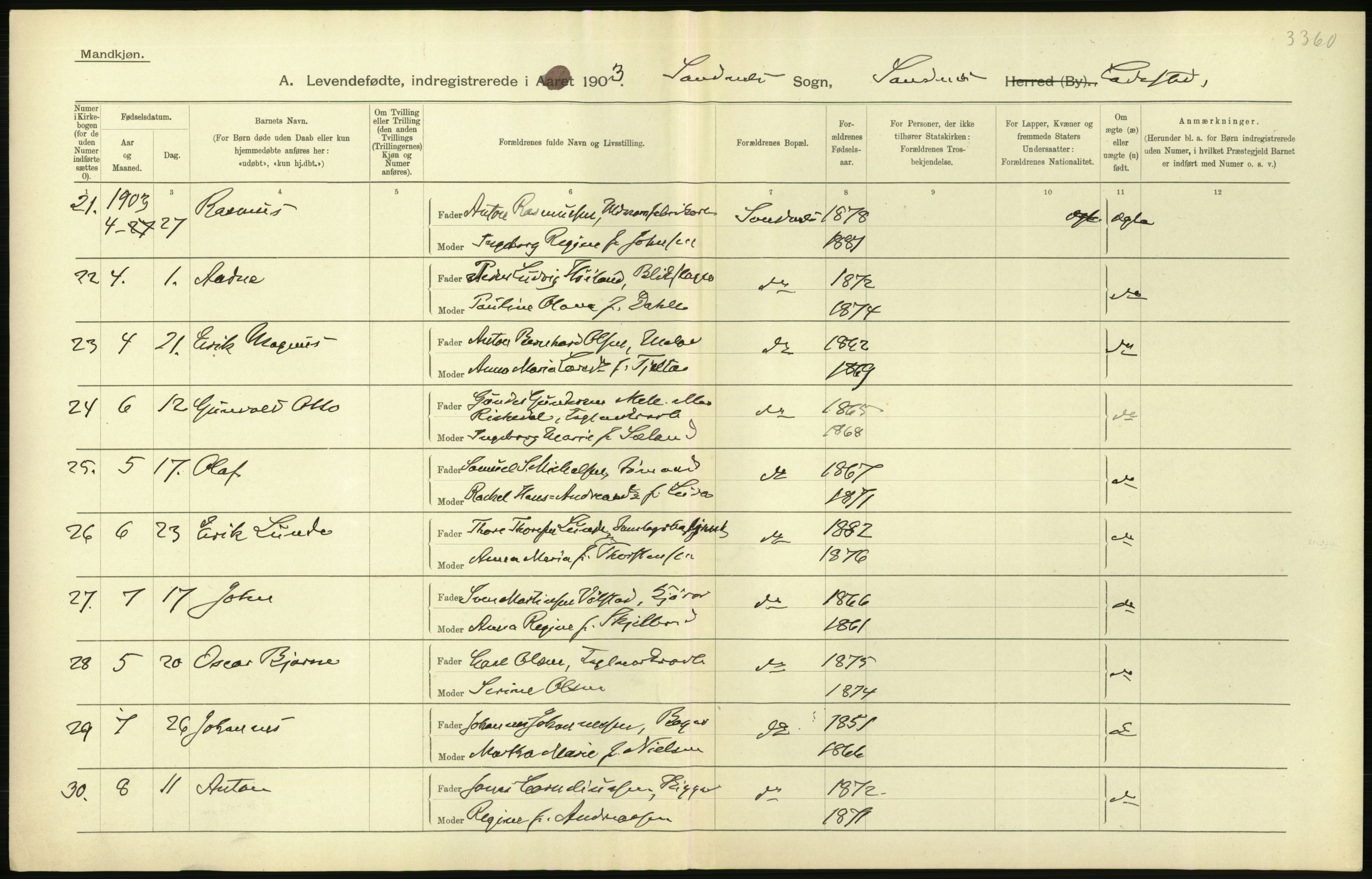 Statistisk sentralbyrå, Sosiodemografiske emner, Befolkning, AV/RA-S-2228/D/Df/Dfa/Dfaa/L0012: Stavanger amt: Fødte, gifte, døde, 1903, p. 322