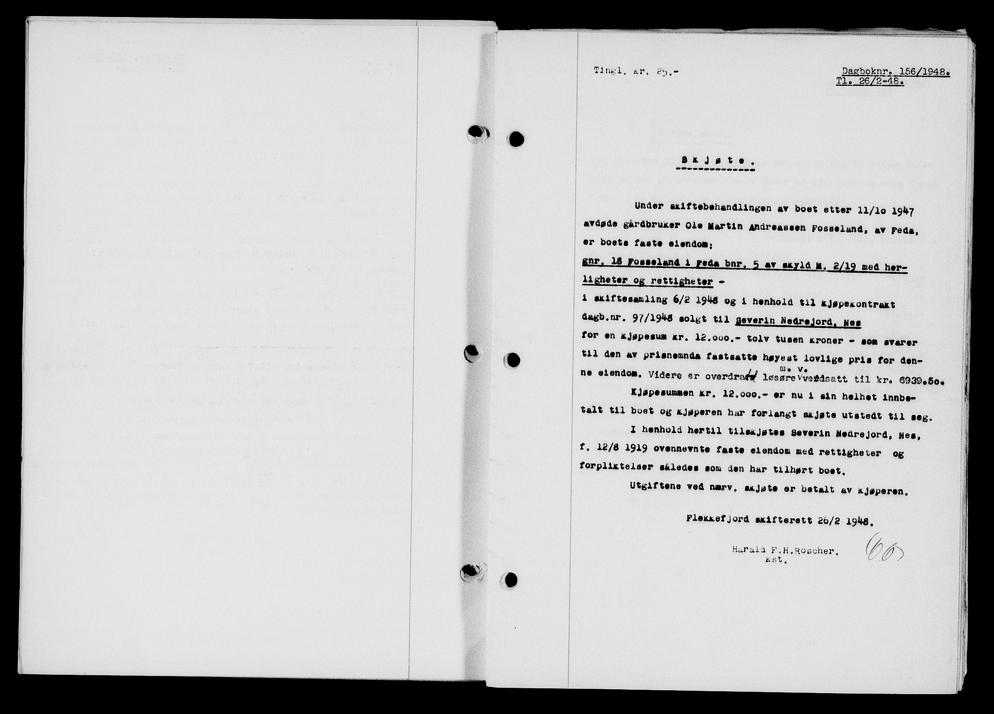 Flekkefjord sorenskriveri, AV/SAK-1221-0001/G/Gb/Gba/L0063: Mortgage book no. A-11, 1947-1948, Diary no: : 156/1948