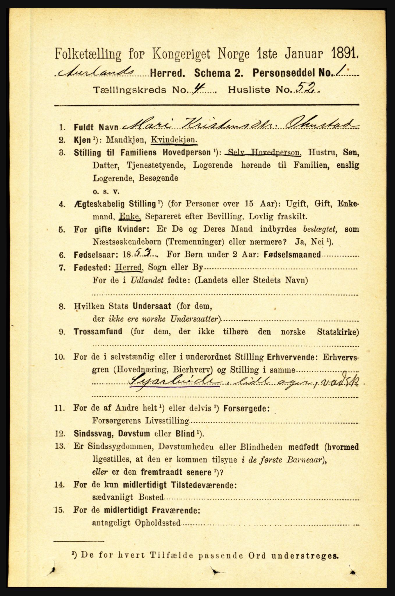 RA, 1891 census for 1421 Aurland, 1891, p. 1618