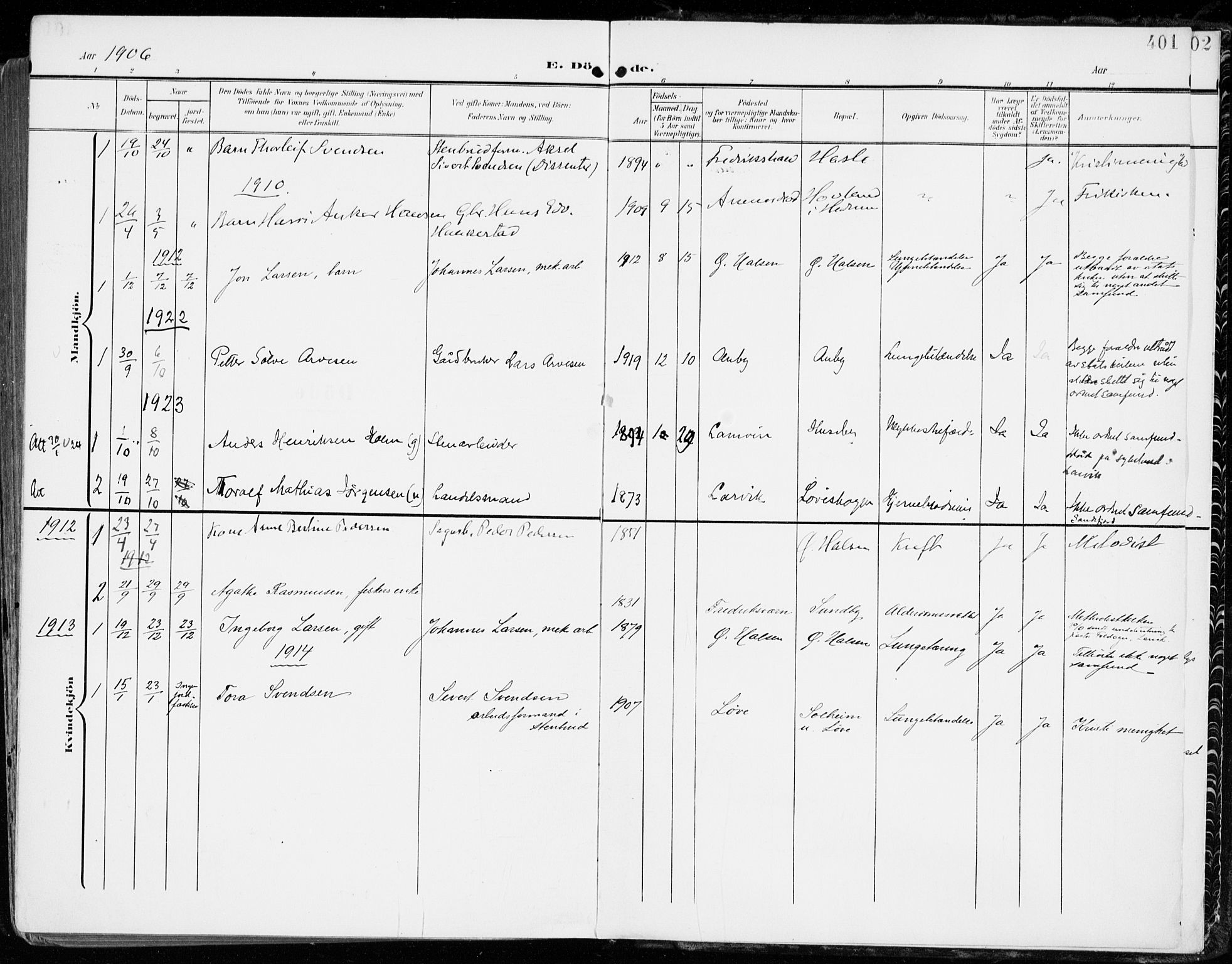 Tjølling kirkebøker, AV/SAKO-A-60/F/Fa/L0010: Parish register (official) no. 10, 1906-1923, p. 401