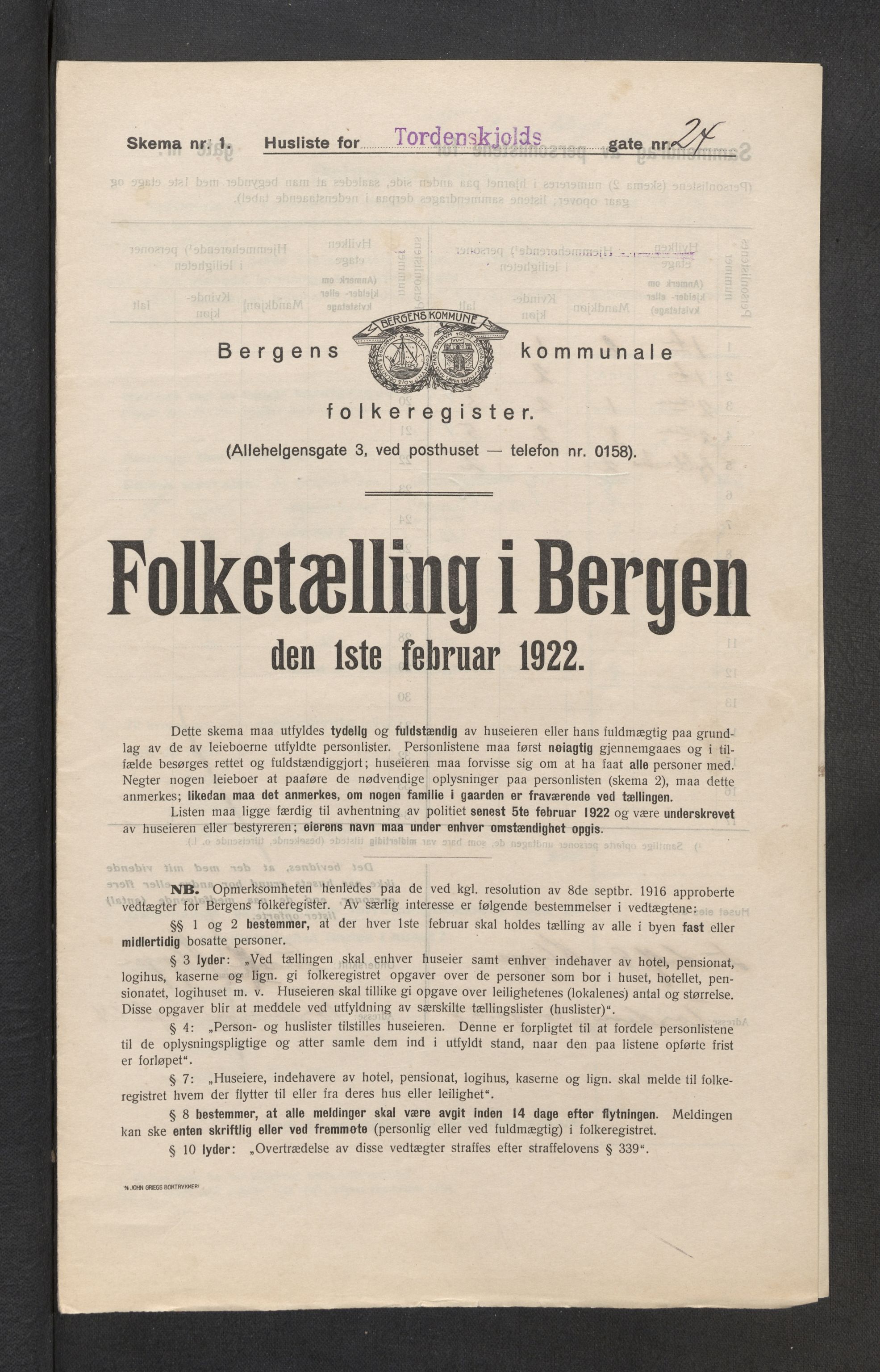 SAB, Municipal Census 1922 for Bergen, 1922, p. 44413