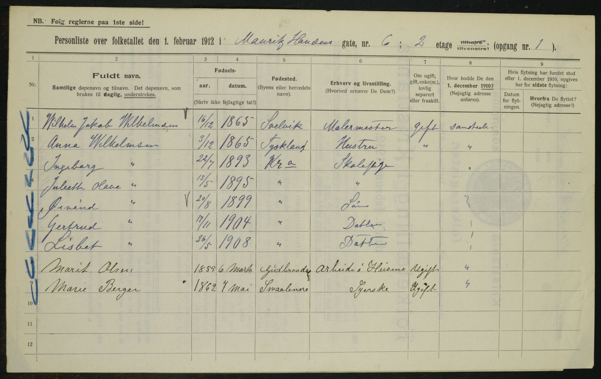 OBA, Municipal Census 1912 for Kristiania, 1912, p. 65419