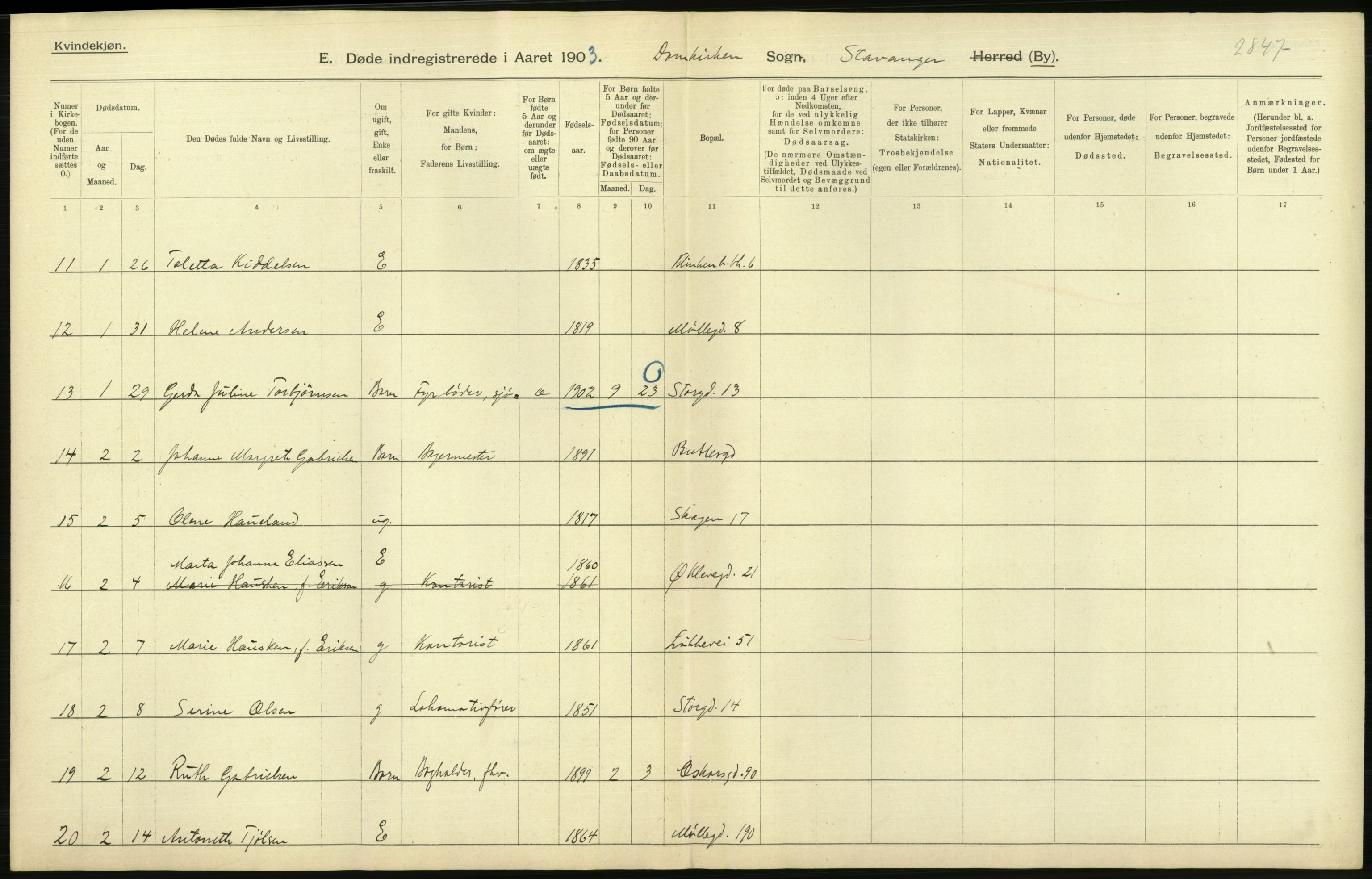 Statistisk sentralbyrå, Sosiodemografiske emner, Befolkning, AV/RA-S-2228/D/Df/Dfa/Dfaa/L0012: Stavanger amt: Fødte, gifte, døde, 1903, p. 834