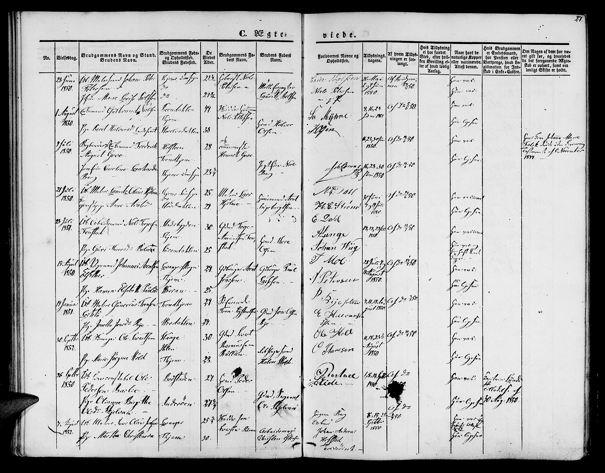 Ministerialprotokoller, klokkerbøker og fødselsregistre - Sør-Trøndelag, SAT/A-1456/602/L0111: Parish register (official) no. 602A09, 1844-1867, p. 27