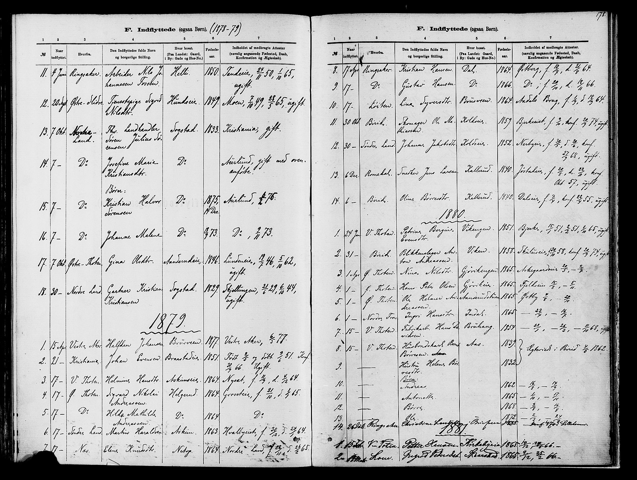 Vardal prestekontor, SAH/PREST-100/H/Ha/Haa/L0009: Parish register (official) no. 9, 1878-1892, p. 179