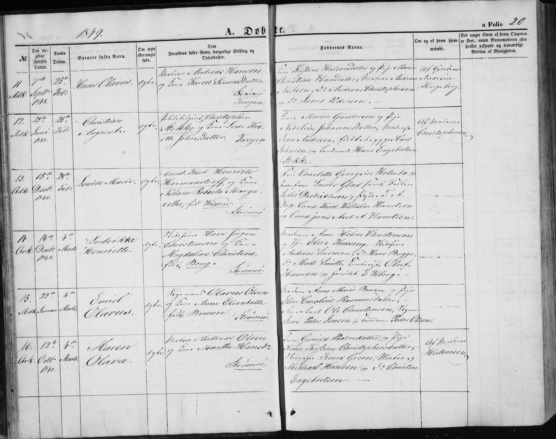 Strømsø kirkebøker, AV/SAKO-A-246/F/Fa/L0014: Parish register (official) no. I 14, 1848-1858, p. 20