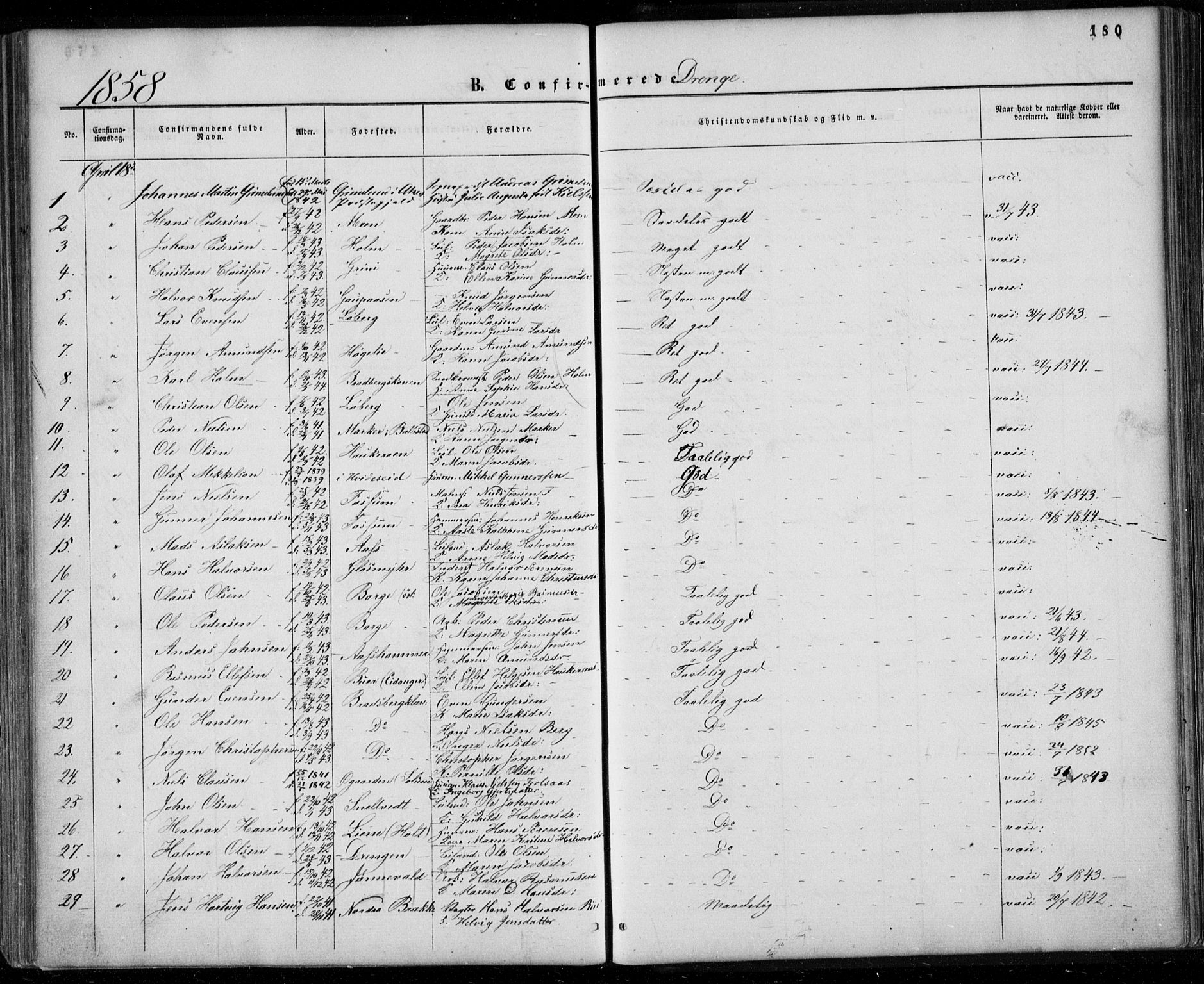 Gjerpen kirkebøker, SAKO/A-265/F/Fa/L0008a: Parish register (official) no. I 8A, 1857-1871, p. 180