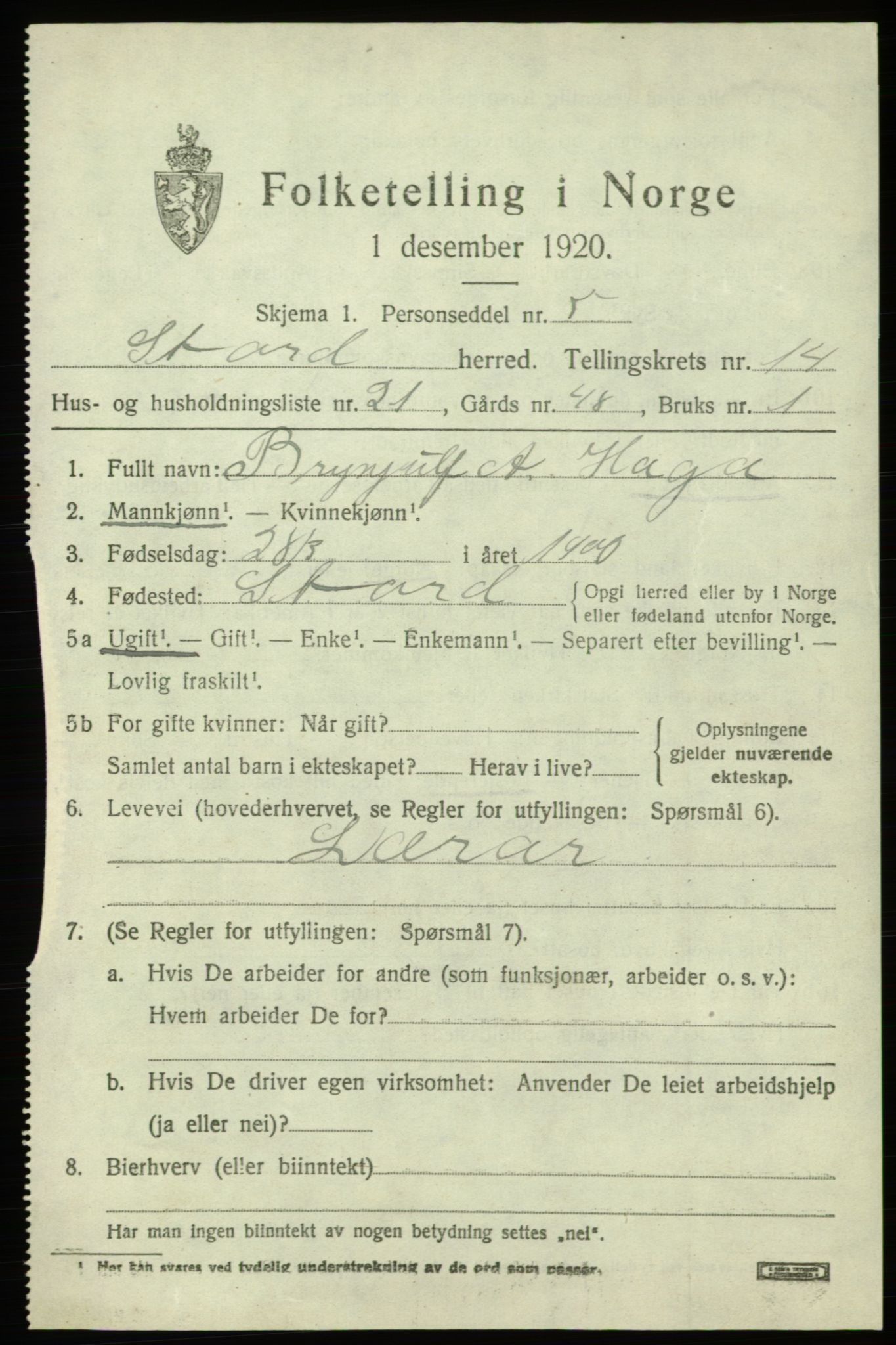 SAB, 1920 census for Stord, 1920, p. 8201