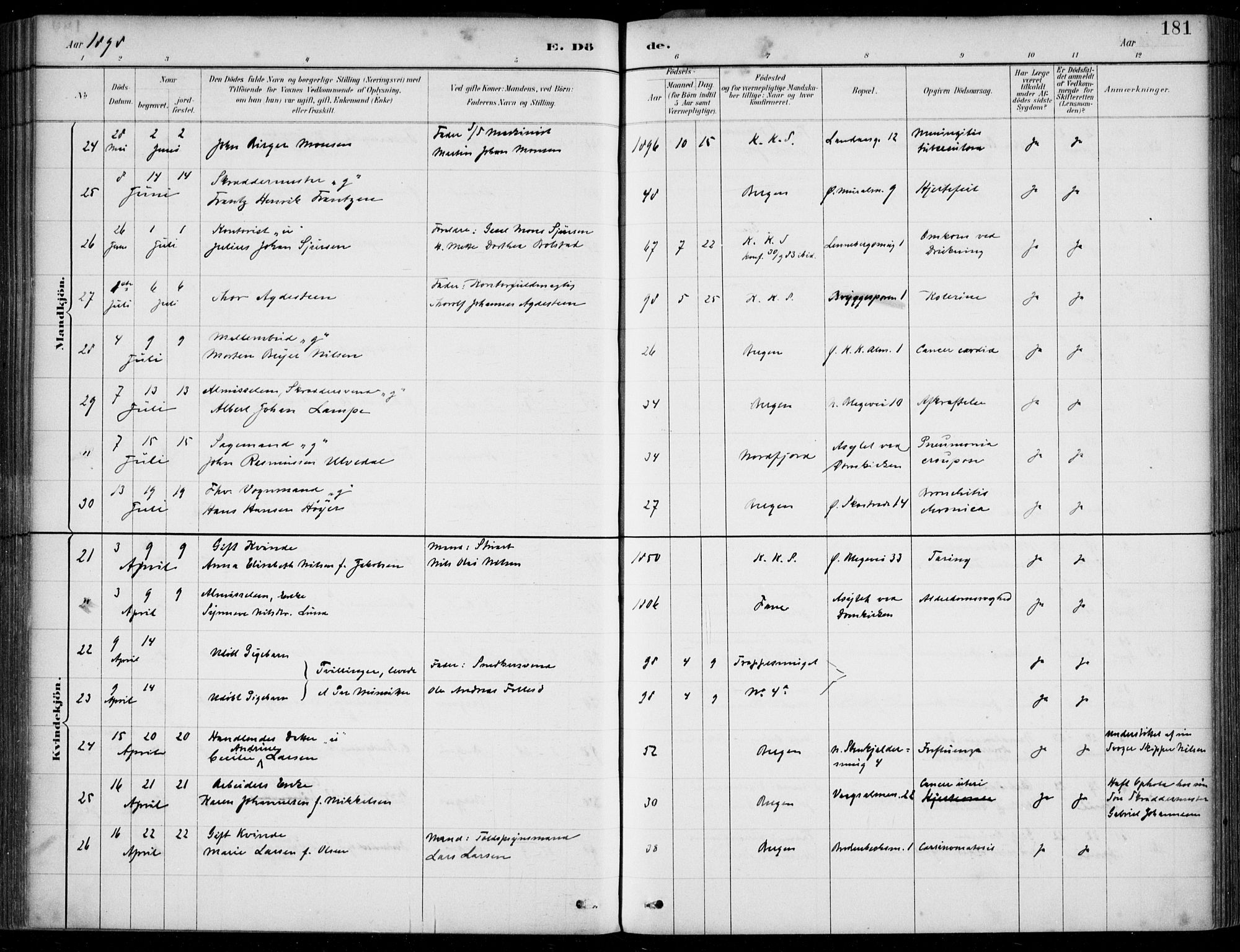 Korskirken sokneprestembete, SAB/A-76101/H/Hab: Parish register (copy) no. E 4, 1884-1910, p. 181