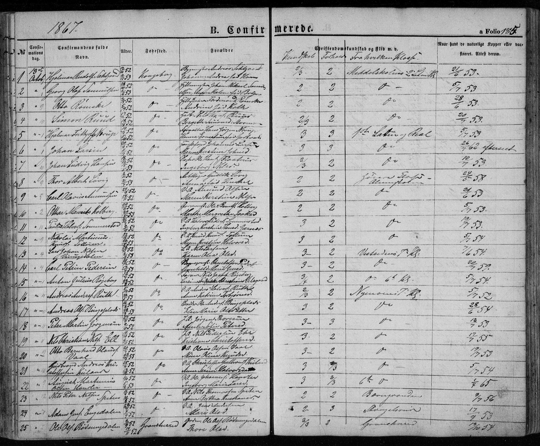 Kongsberg kirkebøker, AV/SAKO-A-22/G/Ga/L0003: Parish register (copy) no. 3, 1859-1875, p. 185