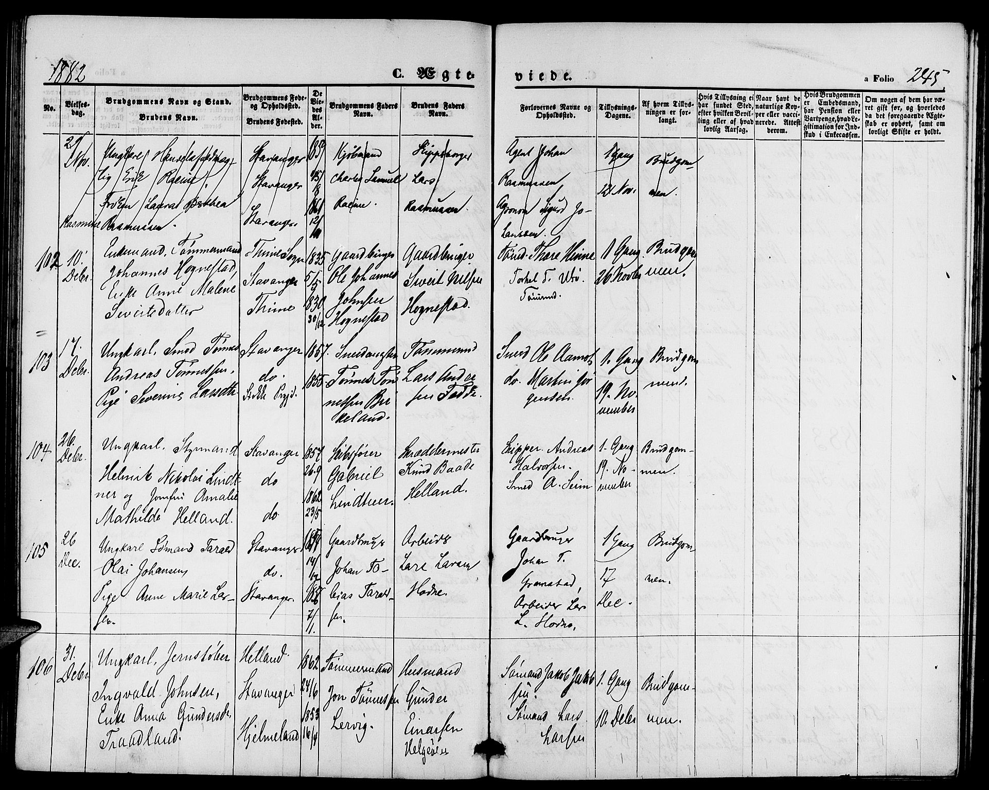 St. Petri sokneprestkontor, AV/SAST-A-101813/001/30/30BB/L0002: Parish register (copy) no. B 2, 1865-1885, p. 245