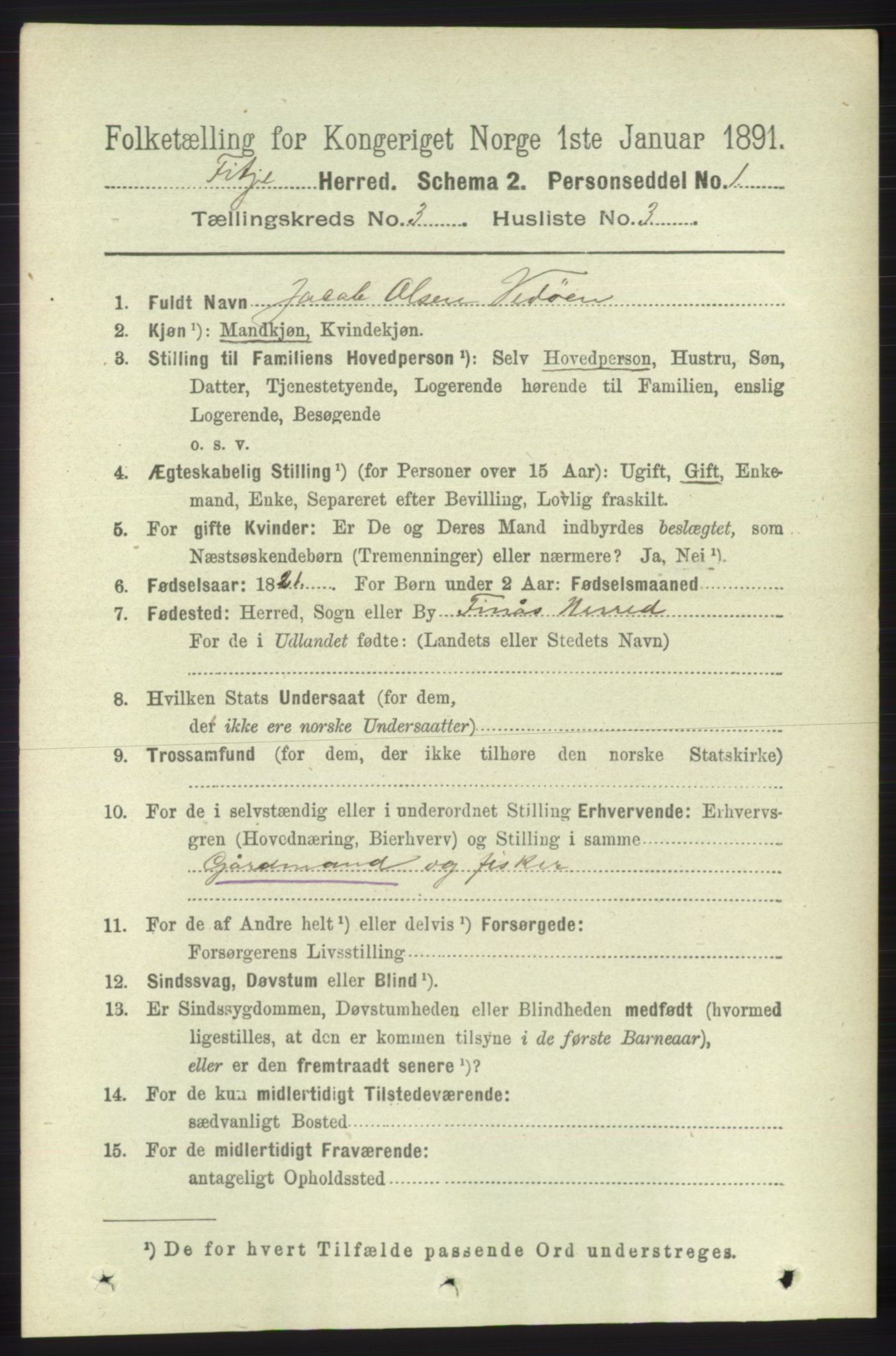 RA, 1891 census for 1222 Fitjar, 1891, p. 1025