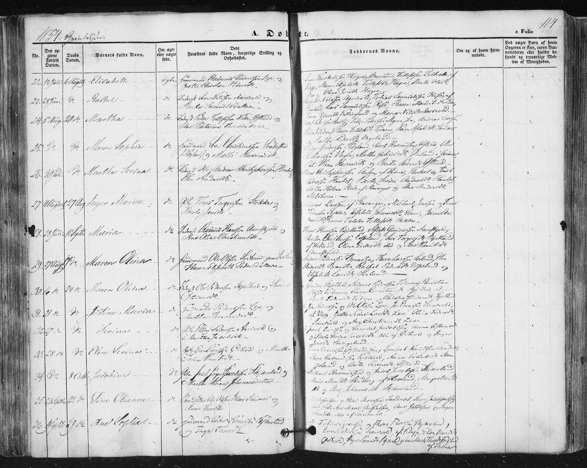 Høyland sokneprestkontor, AV/SAST-A-101799/001/30BA/L0008: Parish register (official) no. A 8, 1841-1856, p. 114