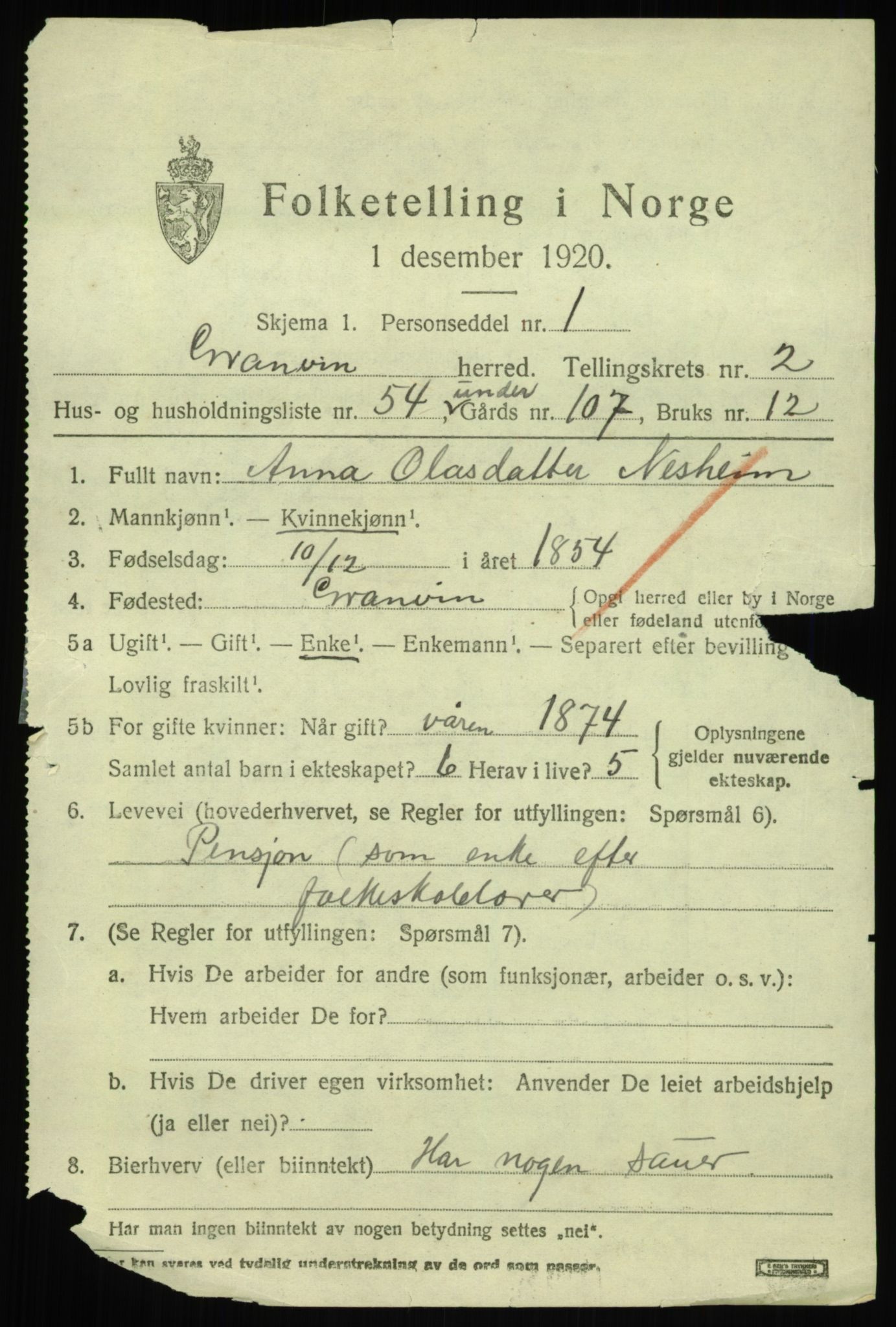 SAB, 1920 census for Granvin, 1920, p. 1174