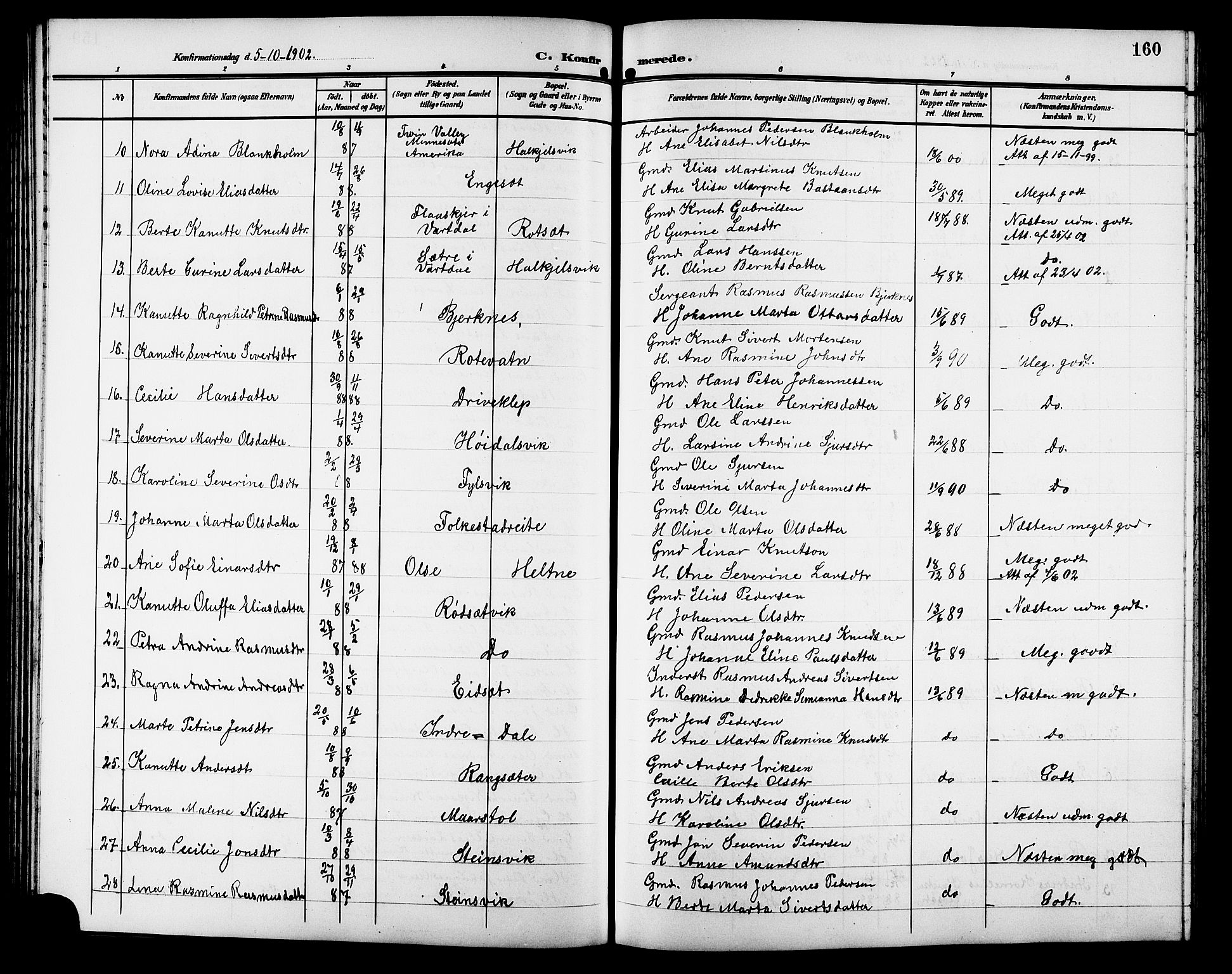 Ministerialprotokoller, klokkerbøker og fødselsregistre - Møre og Romsdal, SAT/A-1454/511/L0159: Parish register (copy) no. 511C05, 1902-1920, p. 160